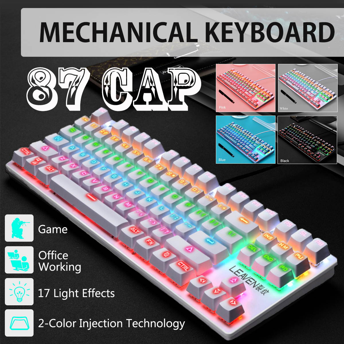 CUUWE K550 87 Keys Wired Mechanical Keyboard Blue Switch Waterproof 19 RGB Backlight Gaming Keyboard for Windows XP/7/8/10 Systems
