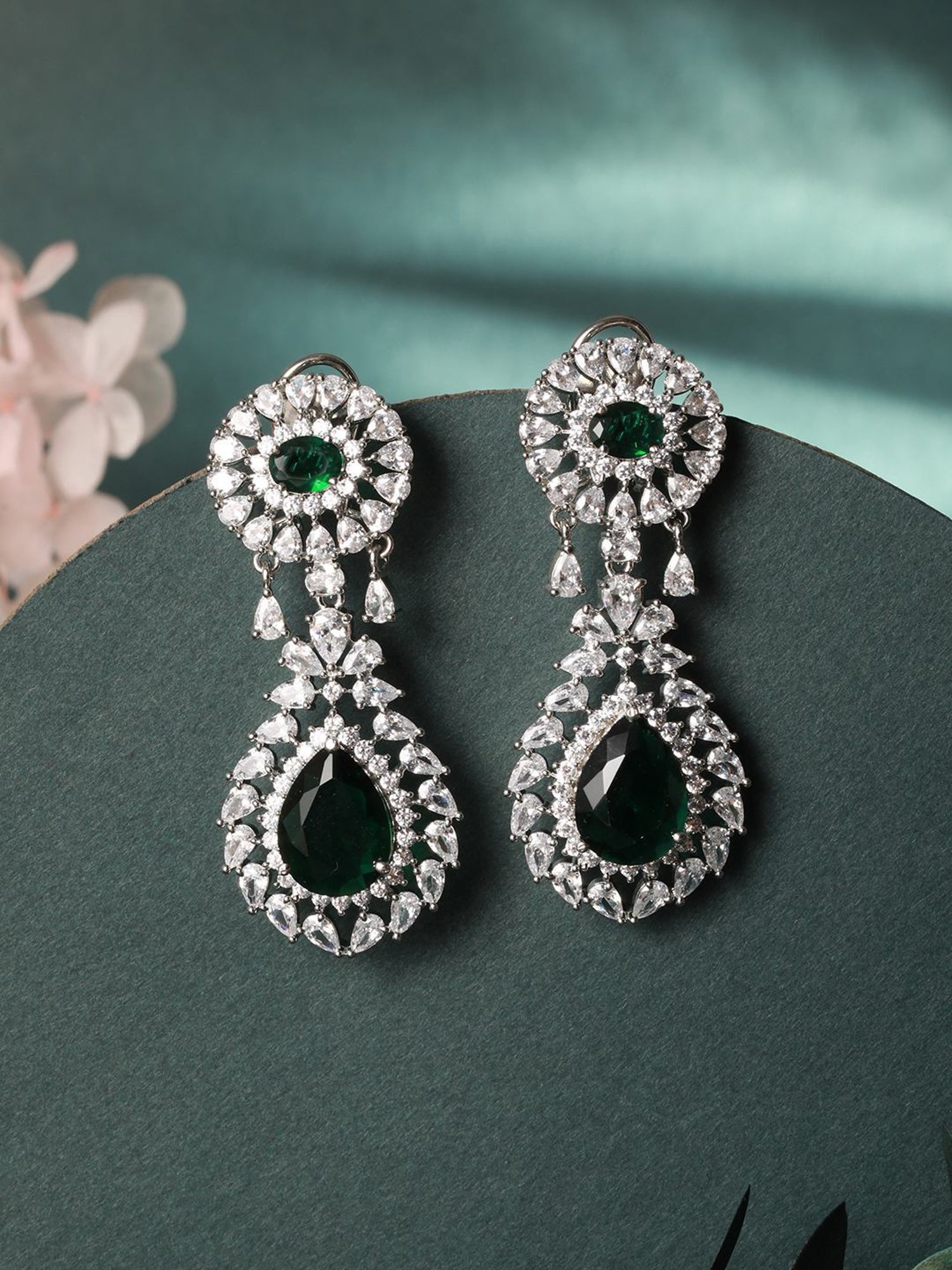 Saraf RS Jewellery Silver Green AD Studded Drop Earrings