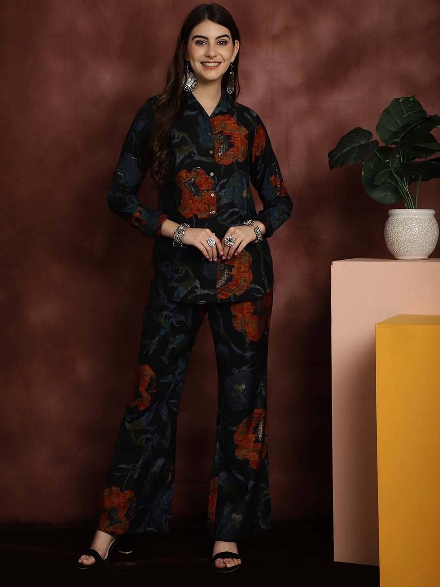 Claura Navy Printed Shirt Pant Set