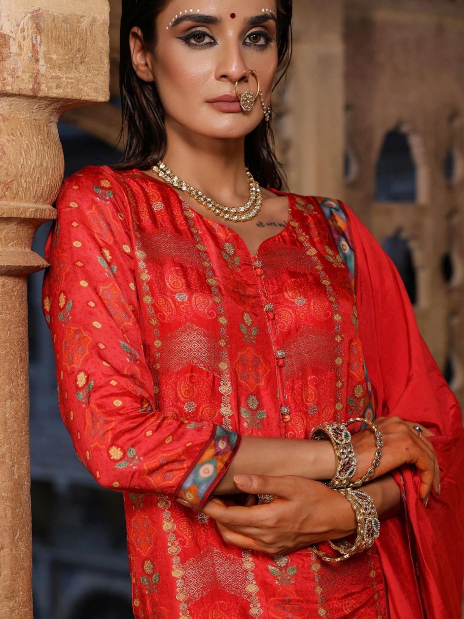 Scakhi Red Dola Silk Jacquard Sharara Set Tunic With Sharara And Dupatta