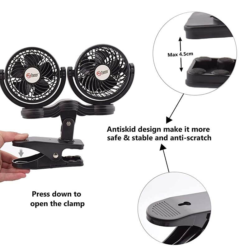 Dual Head Clip Fan 4 Inches Electric Car Clip Fans 360 Rotatable12V Cooling Air Fan with Stepless Speed Regulation for Vehicle or Home