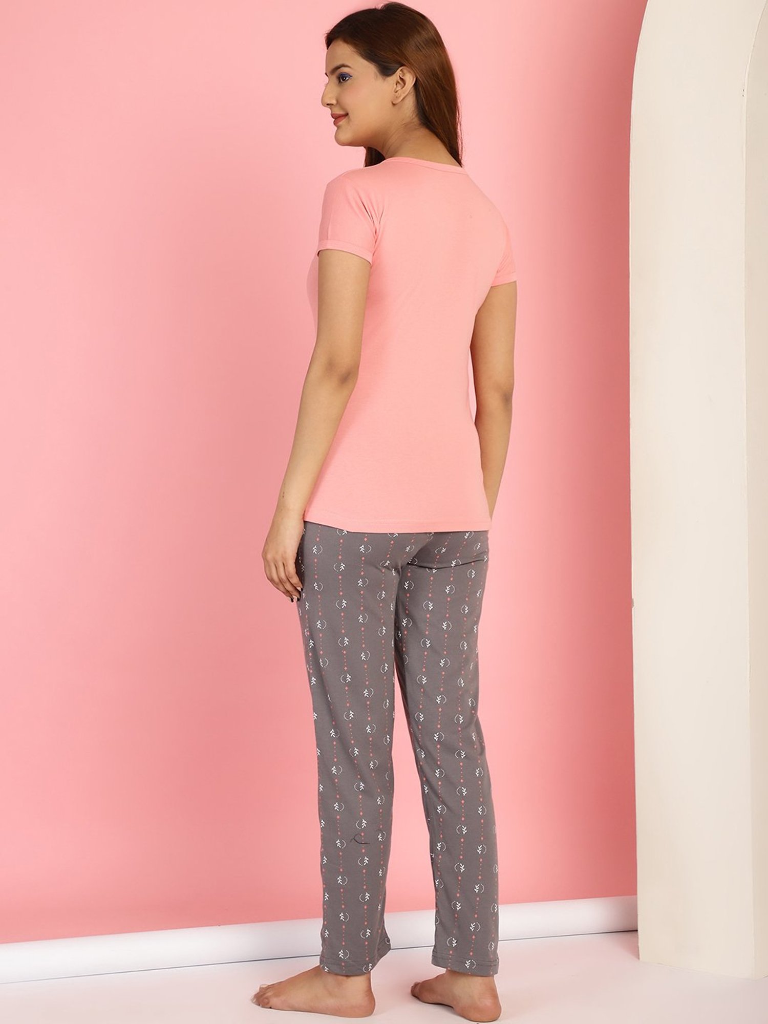 Gracit Pink & Grey Cotton Printed Top With Pyjamas