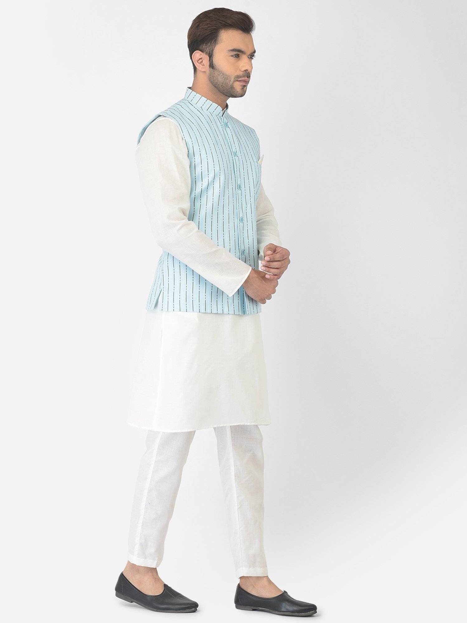 Deyann Blue & White Cotton Regular Fit Striped Kurta Set With Jacket