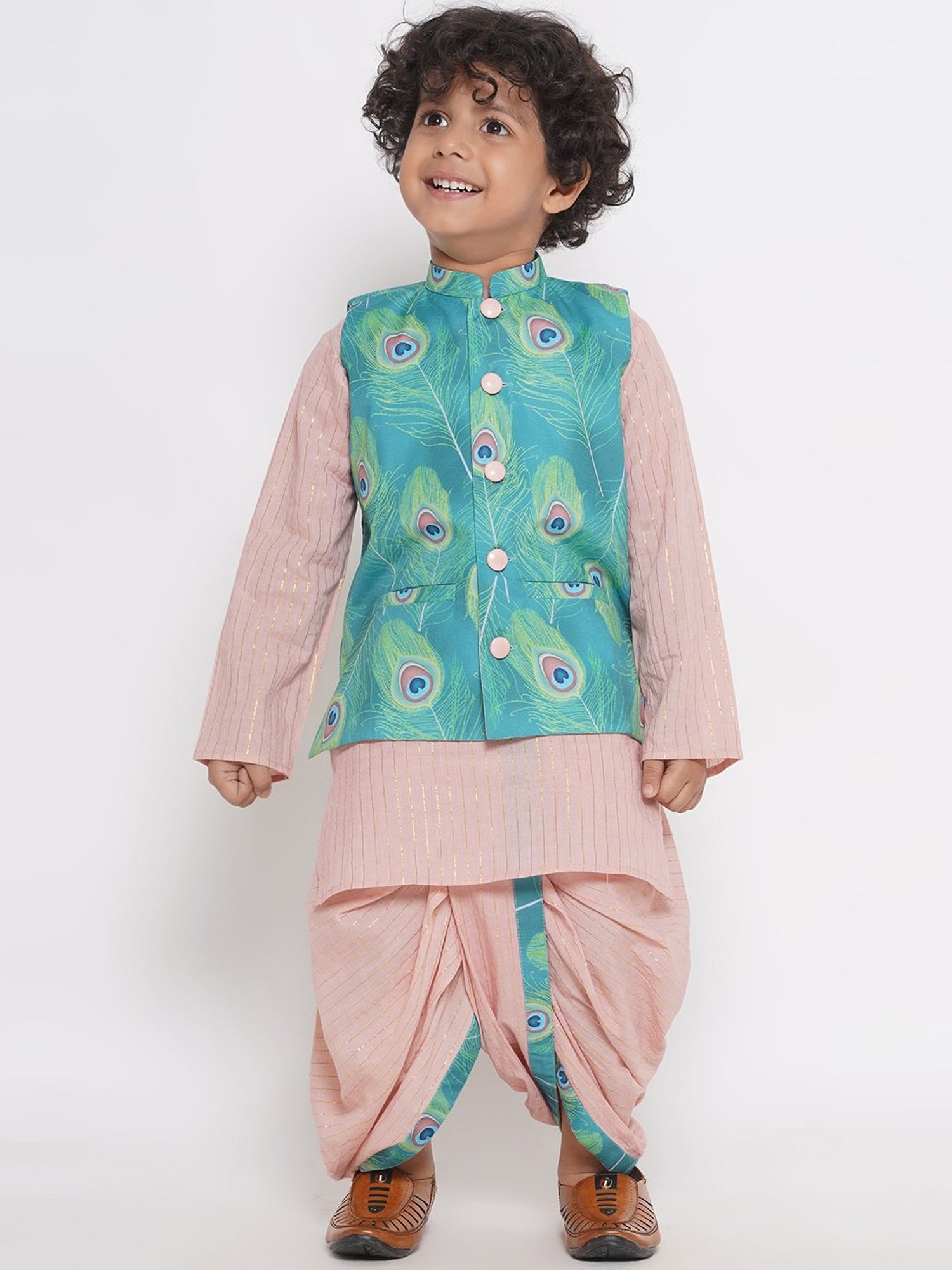 Little Bansi Kids Peach & Green Printed Full Sleeves Kurta, Dhoti with Jacket