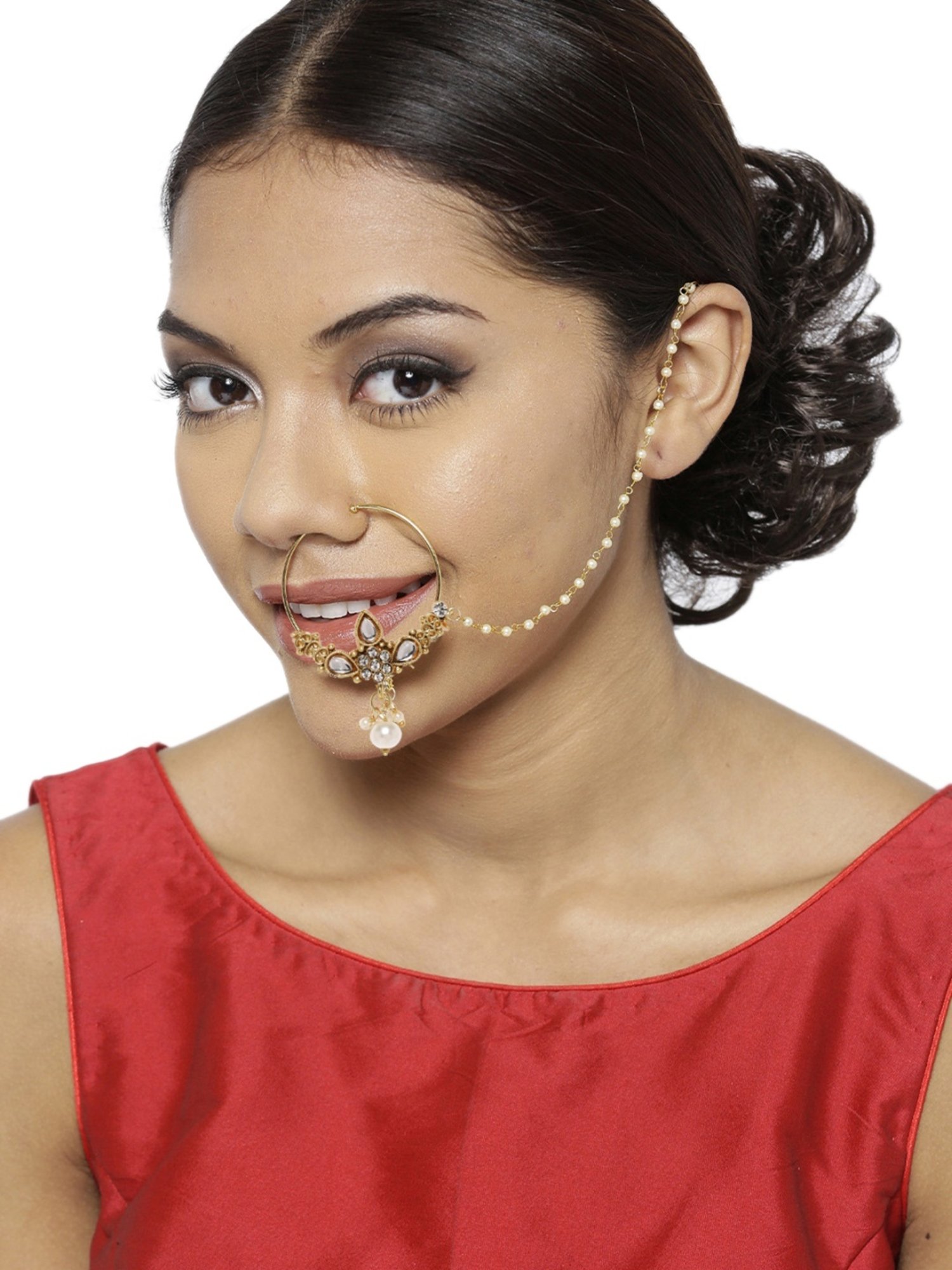 Zaveri Pearls Clear & Pearl White Alloy Nose Ring