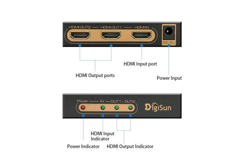DigiSun UH812 HDMI 2.0 1x2 Splitter, HDMI 1 in 2 out, Support up to 4K@60Hz, HDCP 2.2 and HDR, compatible with HDMI 1.4/1.3/1.2/1.0