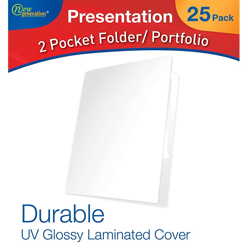 White 2 Pocket Folders, Durable Heavy Duty High Gloss Laminated White Presentation Folders Hold Letter Size sheets with a die-cut business card holder, 6 Pack ( 7673-25 )