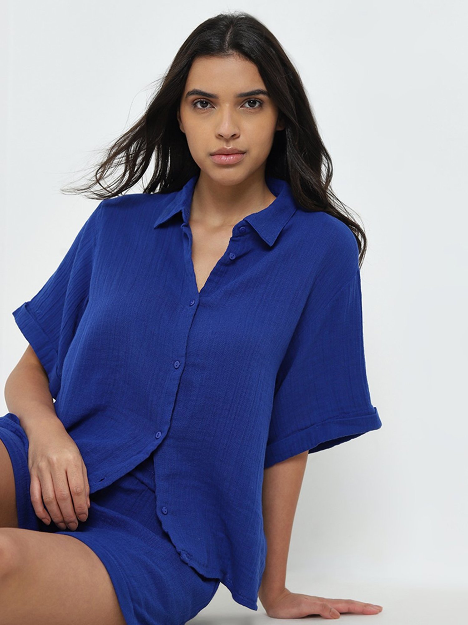 Wunderlove by Westside Blue Crinkle Cotton Beach Shirt