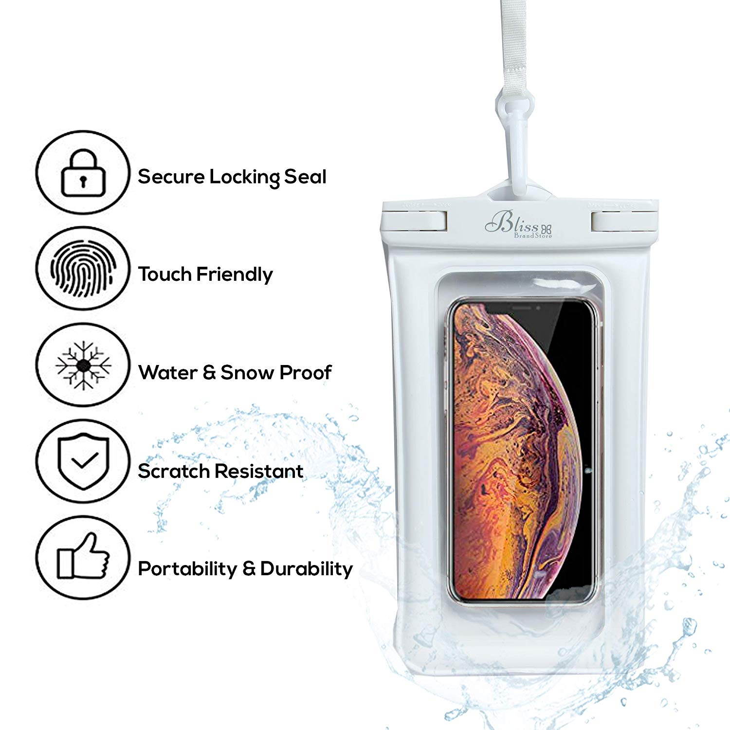 Universal Waterproof Phone Pouch for Pool Beach Swimming Kayaking Travel, Compatible with All Smartphones up to 6.5&rdquo; + Free Arm Band (White)