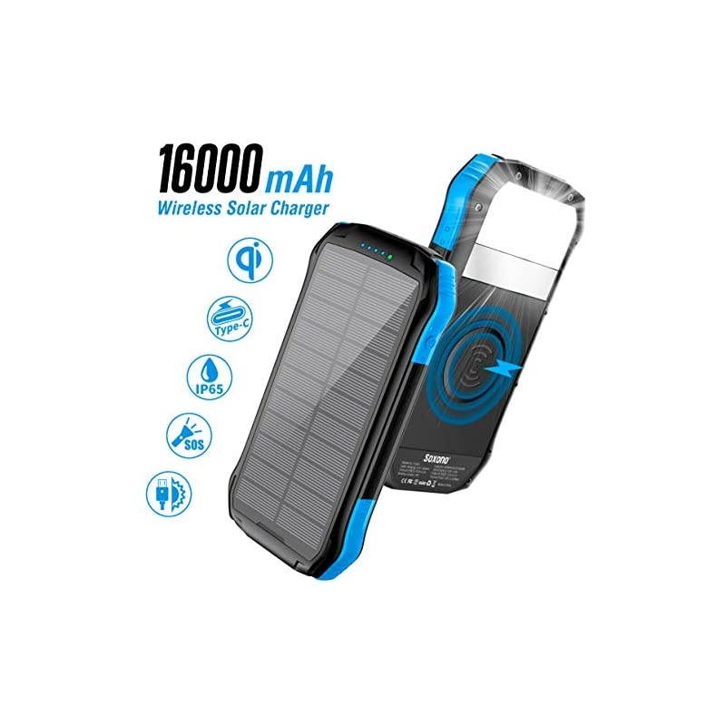 Power Bank  Solar Charger with Qi Wireless Charger and 2 USB Port Ultra Waterproof Portable Phone Charger 16000mAh External Battery Pack with 15 LEDs Flashlight for iPhone iPad Samsung