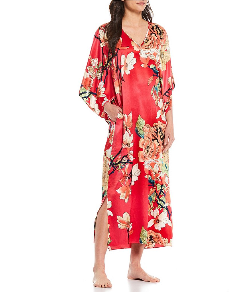 Natori Bloom Printed Satin Woven Zip Front Caftan