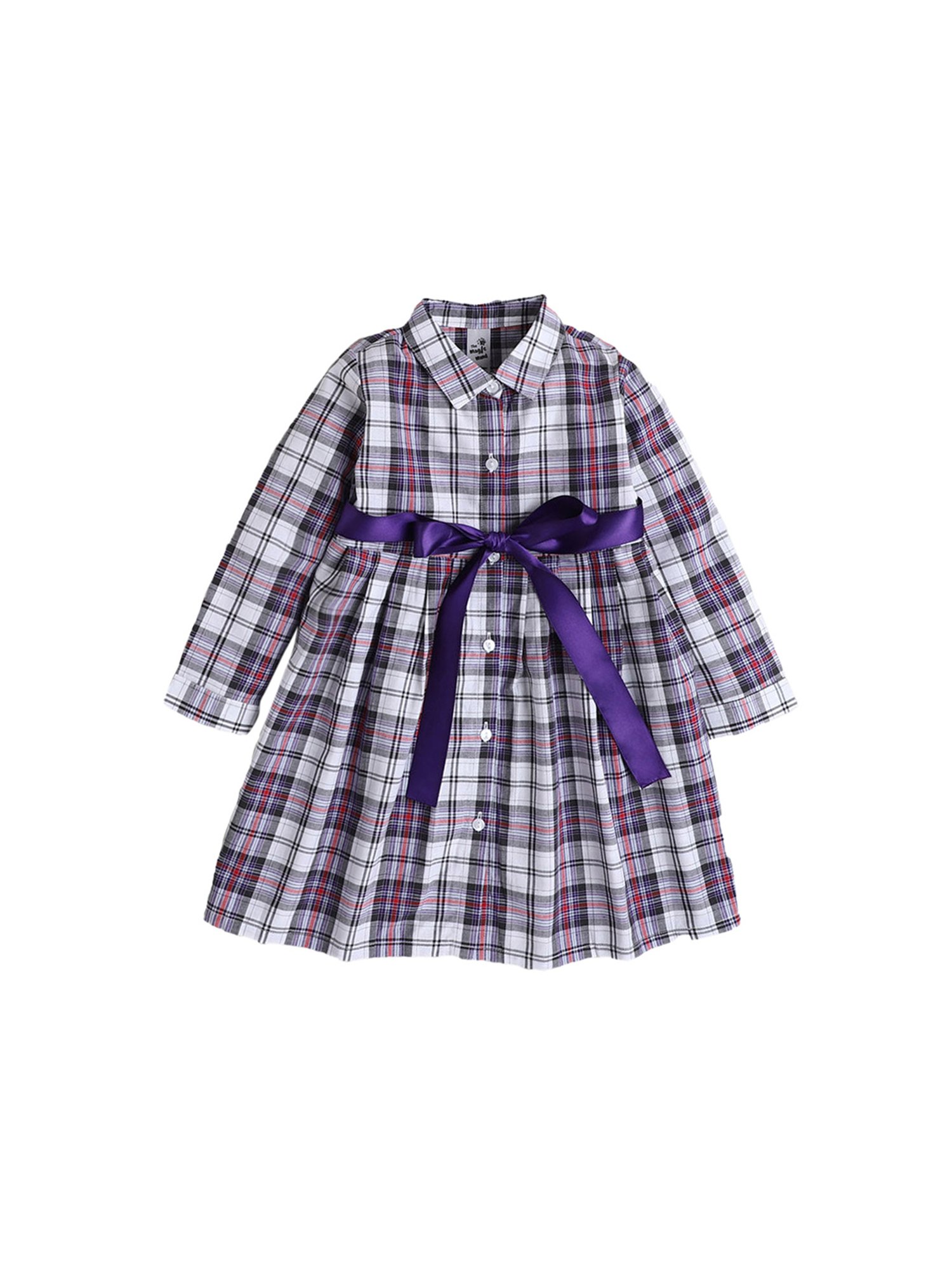 The Magic Wand Kids White & Purple Checks Dress with Belt