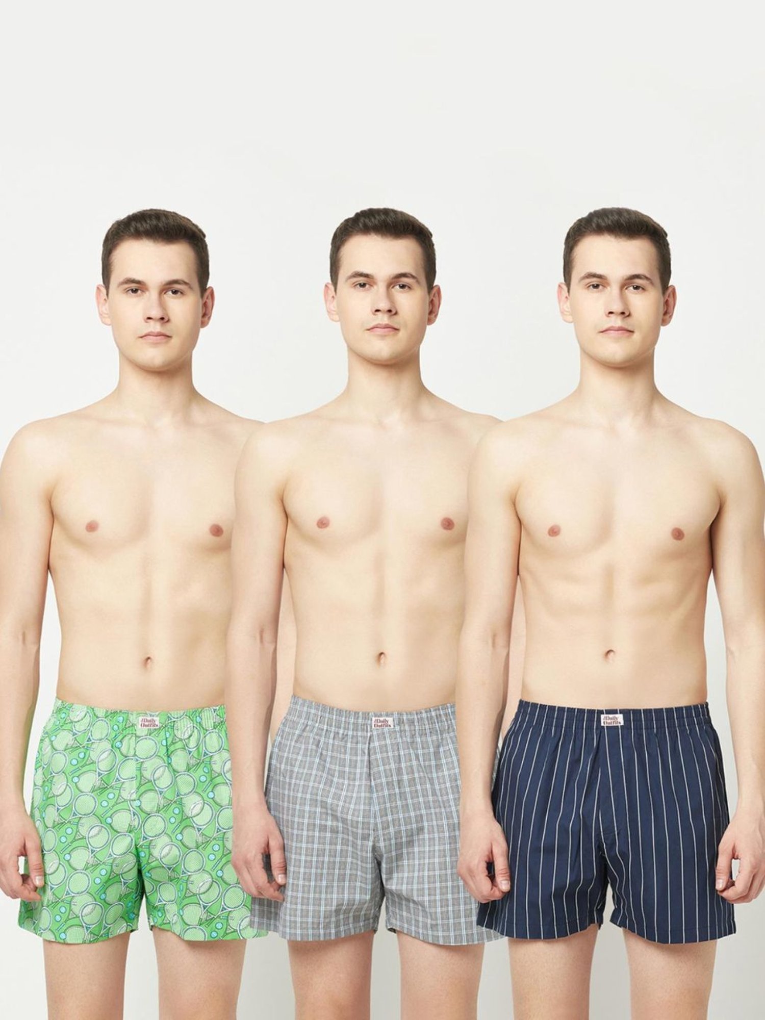 The Daily Outfits Green & Grey Cotton Regular Fit Checks Boxers - Pack Of 3