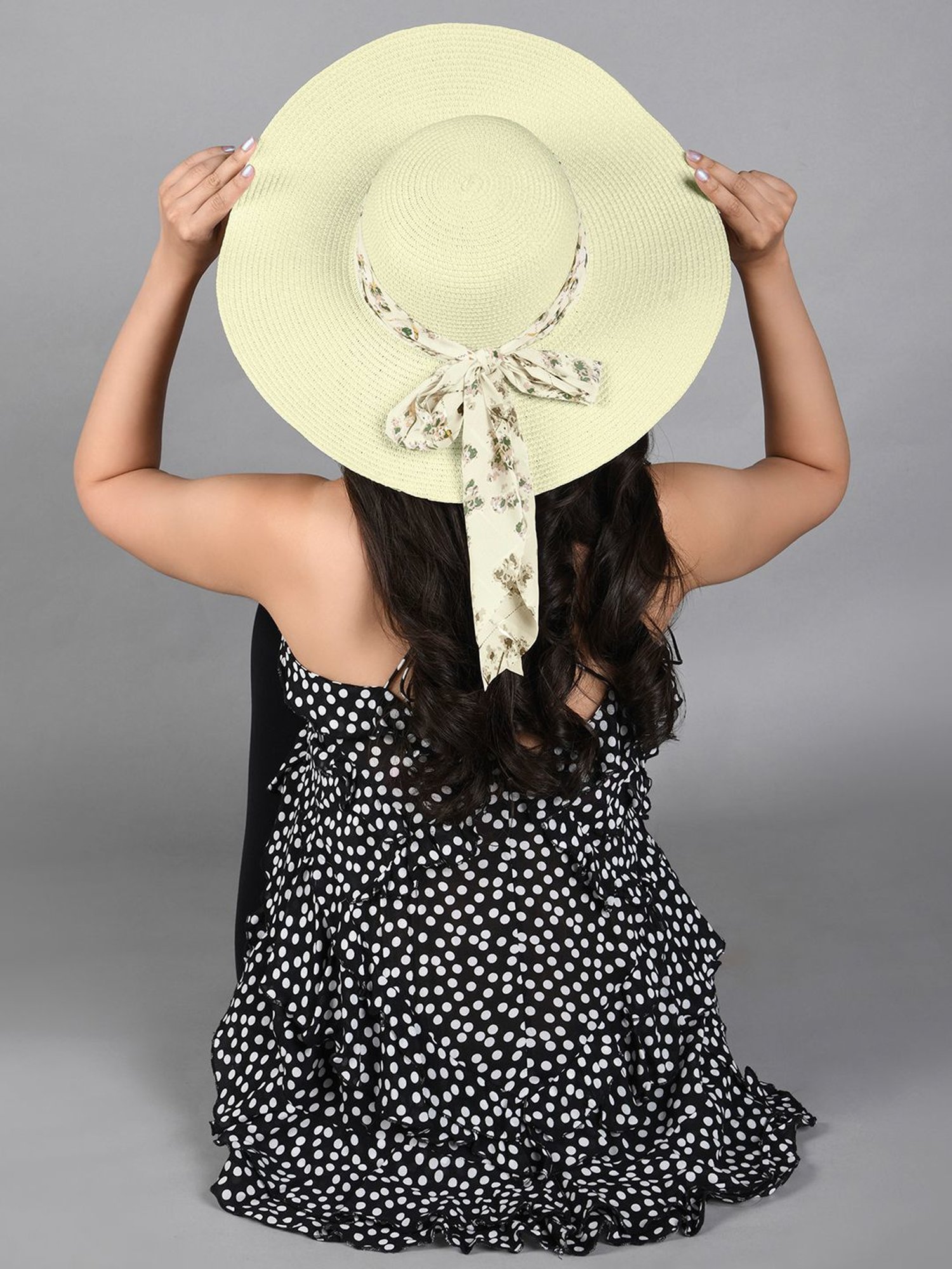 ToniQ Cream Textured Floppy Hat with White Printed Scarf