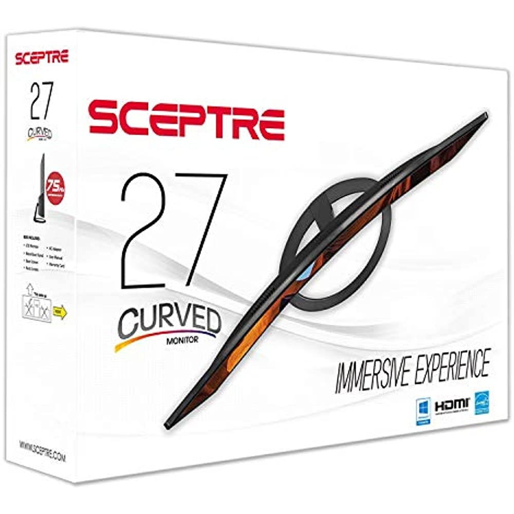 SCEPTRE 27" Curved LED Monitor C278W-1920R Full HD 1080P HDMI DisplayPort VGA Speakers, Ultra Thin Brushed Metallic, 1800R immersive curvature, 2018