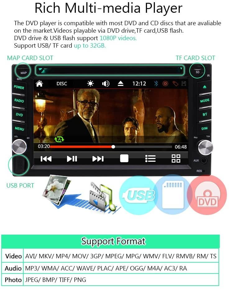 Double Din Car Stereo GPS Navigation System DVD Player Bluetooth 2 Din Car Radio Capacitive Touch Screen + Free Backup Camera Support SWC USB SD 1080P Wireless Remote Control Car Logo Multi Language