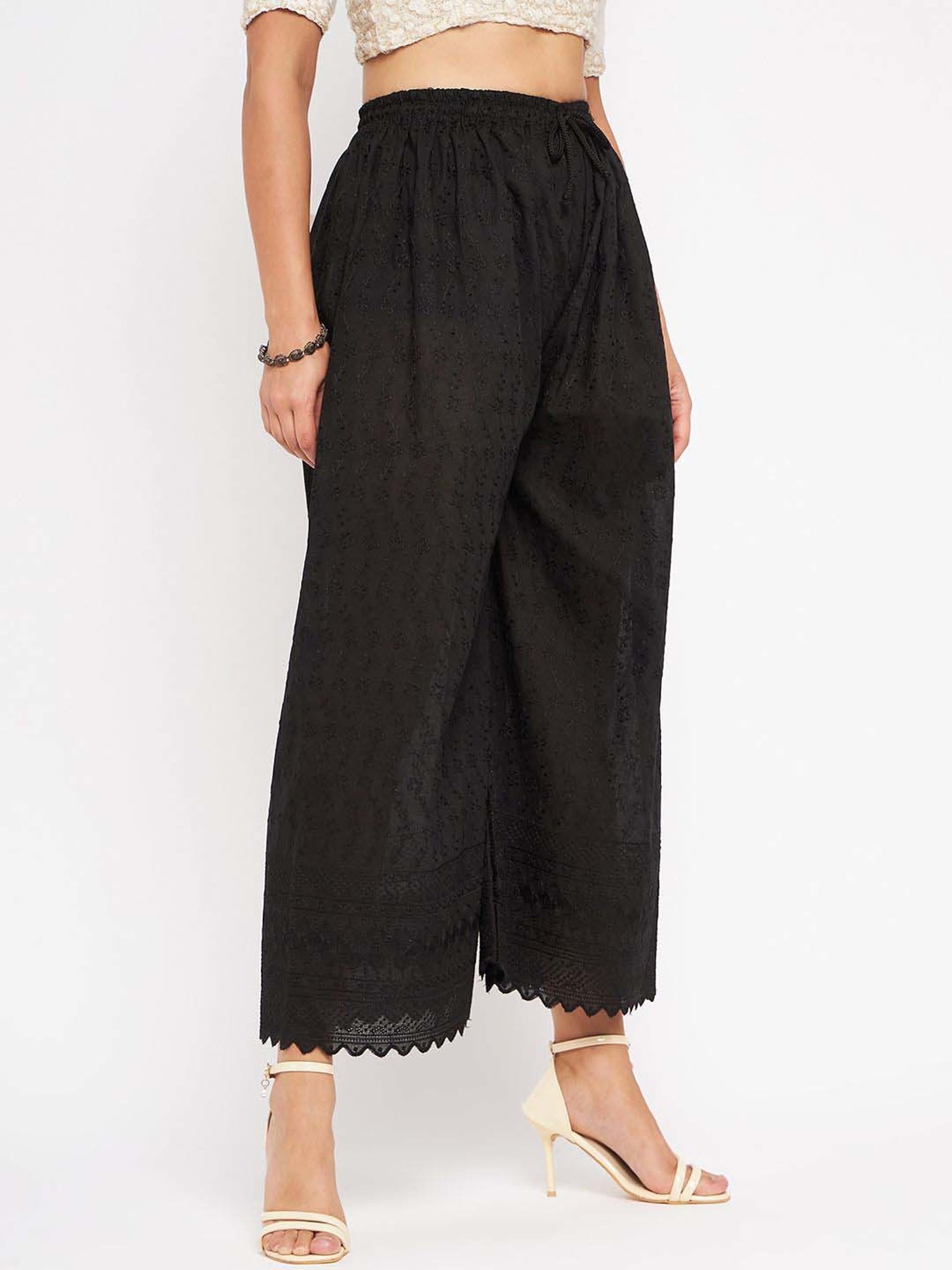 Castle Black Cotton Embroidered Palazzos