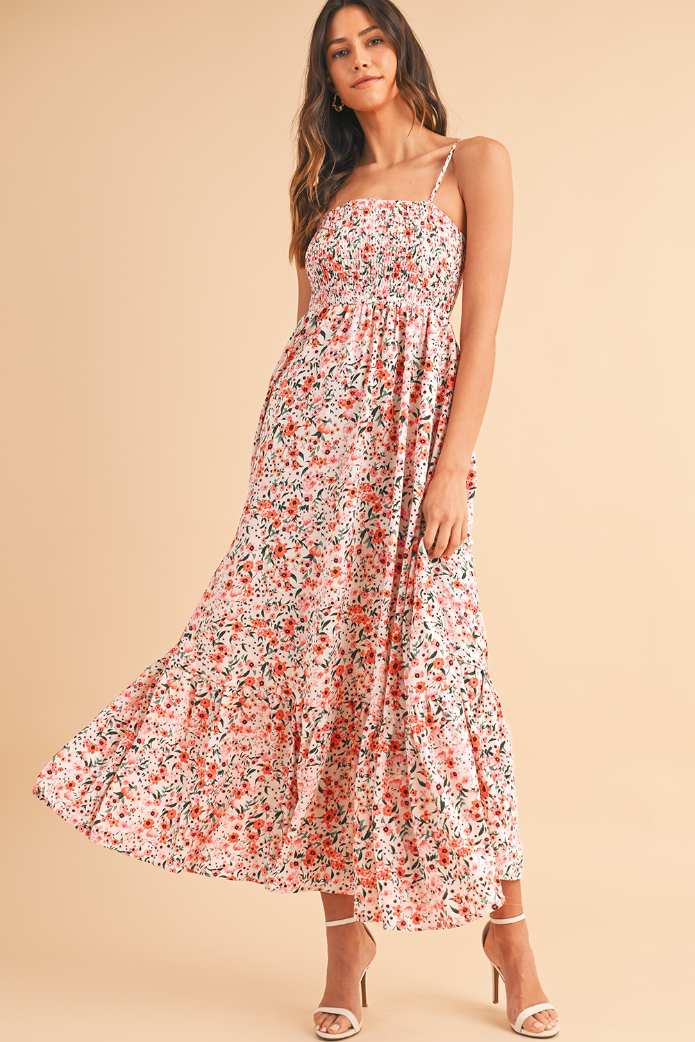White Boho Floral Self-tie Smocked Ruffle Maxi Dress