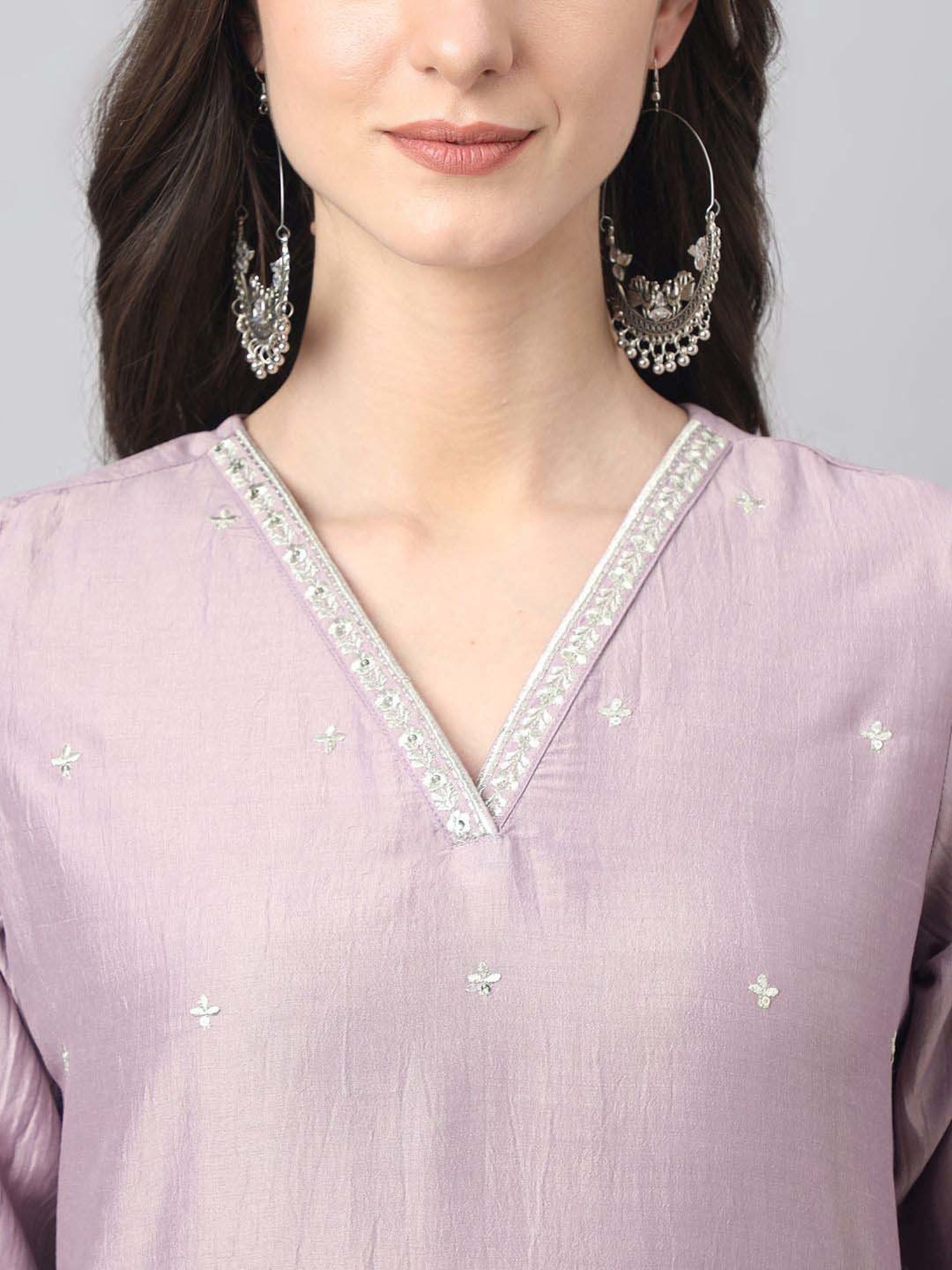 Janasya Lavender Embellished Kurta & Pant Set With Dupatta