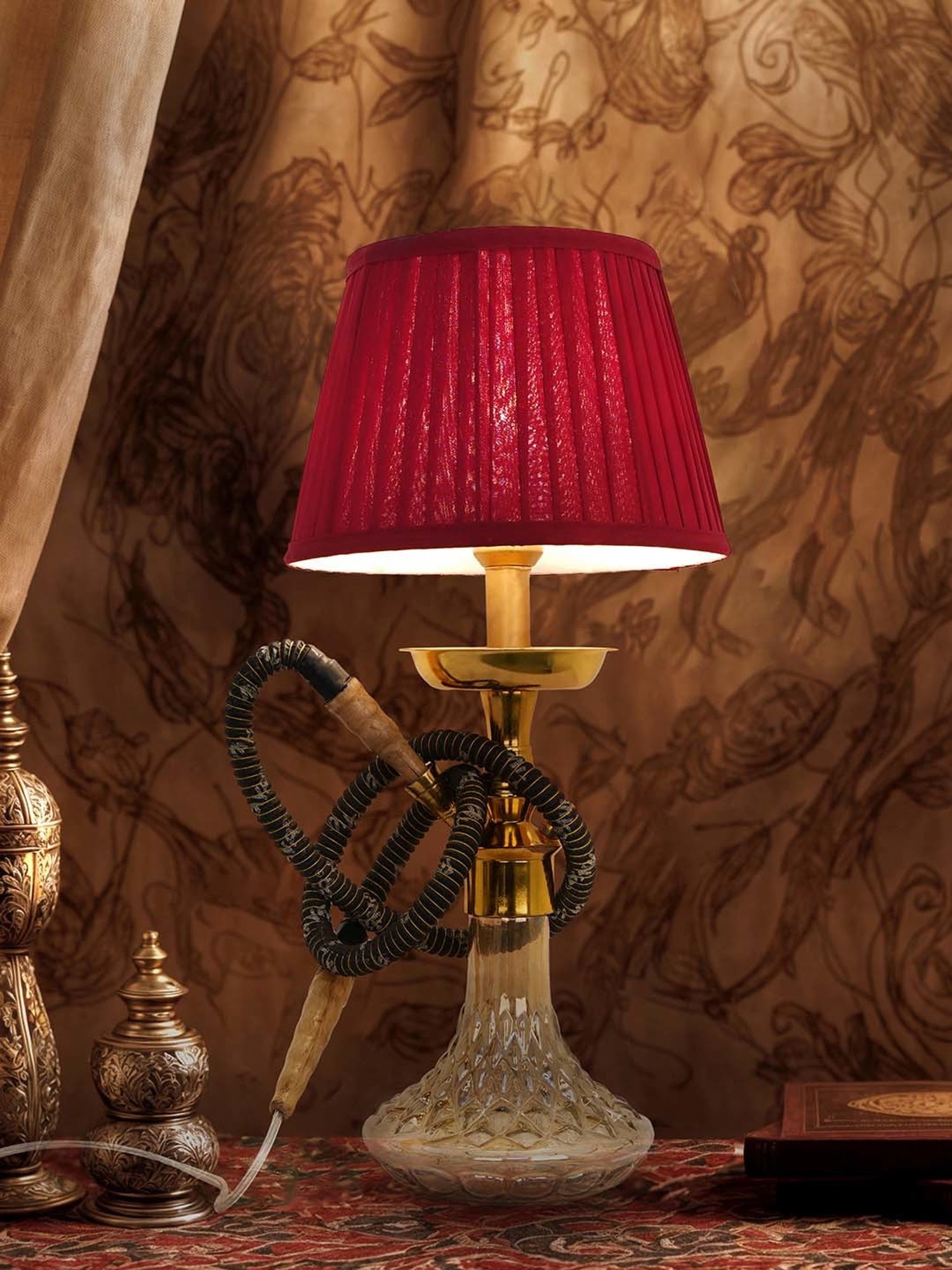 Fos Lighting Unique Cultural Fusion with Maroon Pleated Shade Hookah Table Lamp