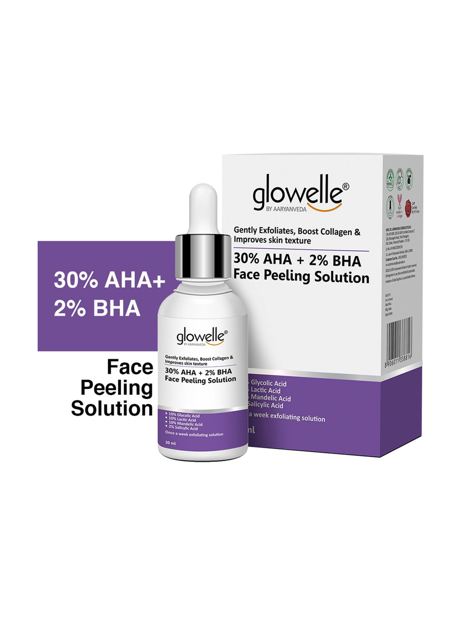 Aryanveda Glowelle 30% AHA and 2% BHA Face Peeling Solution For Mild Exfoliation - 30 ml