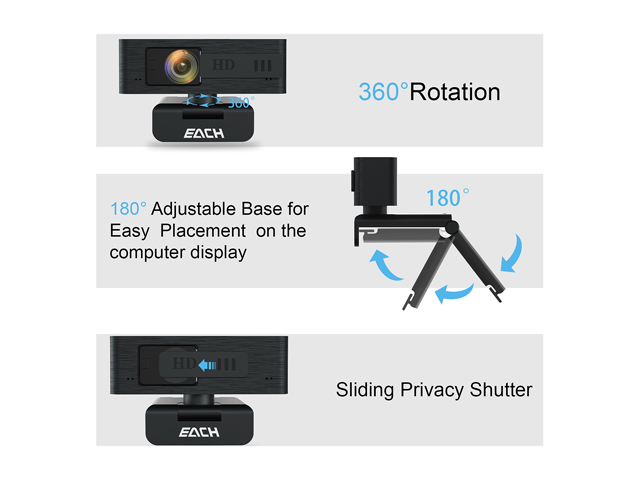 EACH AutoFocus Full HD Webcam 1080P with Privacy Shutter-Pro Webcam with Noise Cancelling Microphone-USB Computer Camera for PC Notebook Computer Desktop Mac Video Call, Meeting Skype YouTube