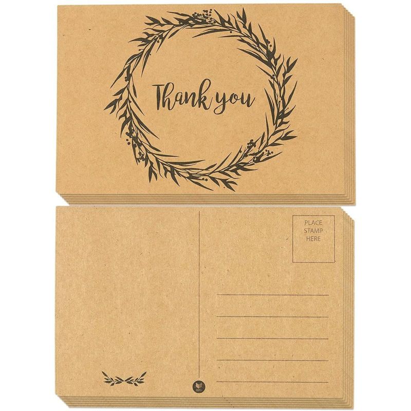 60-Pack Thank You Postcards - Kraft Paper - All Occasion Post Cards with Mailing Side- Flower Wreath Design - 4 x 6 Inches
