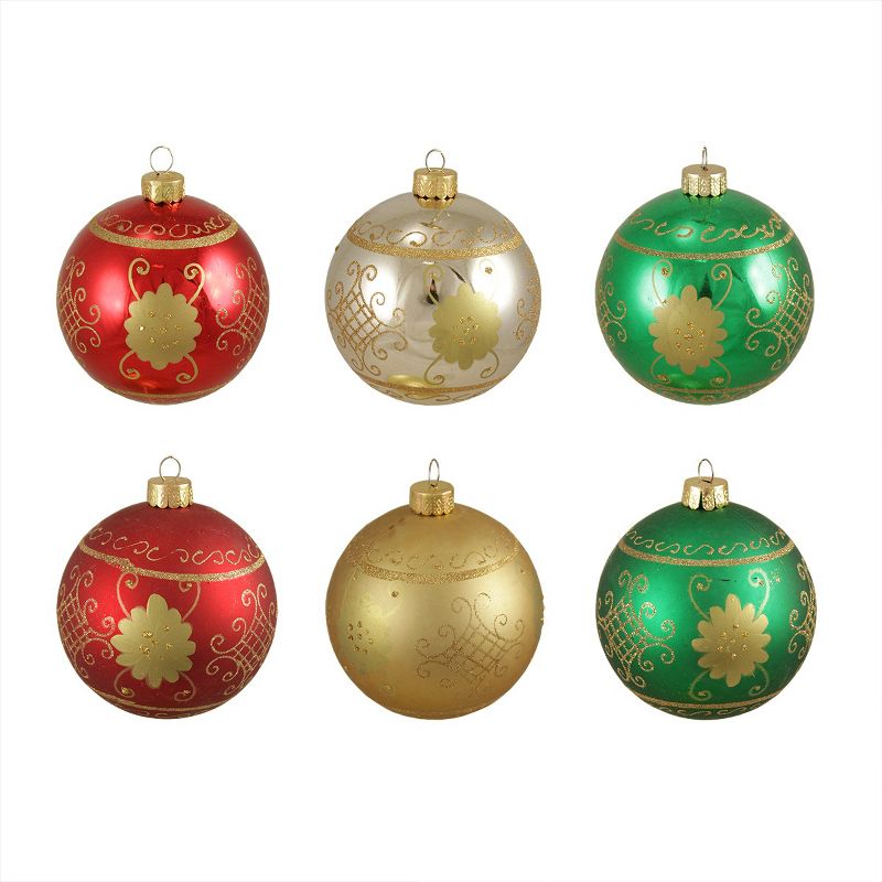 Sterling 6ct Glittered Floral Shatterproof Christmas Ball Ornament Set 3.25" - Green/Red