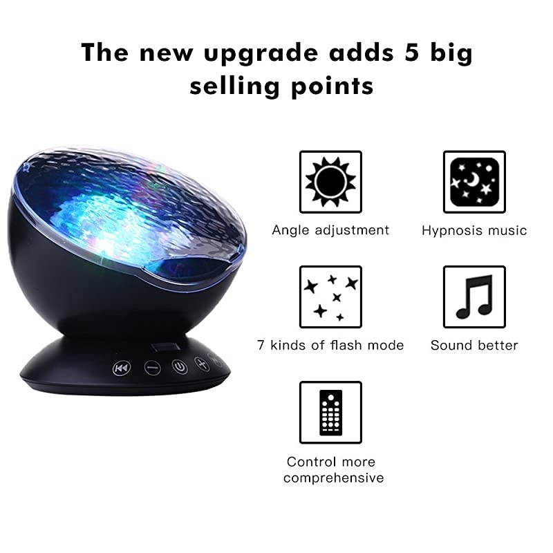 Mermaid Decor Remote Control Night Light Ocean Wave Projector 7 Colorful Ceiling Mood Lamp with Bulitin Speaker Music Player for Baby Adults Bedroom Living Room Black