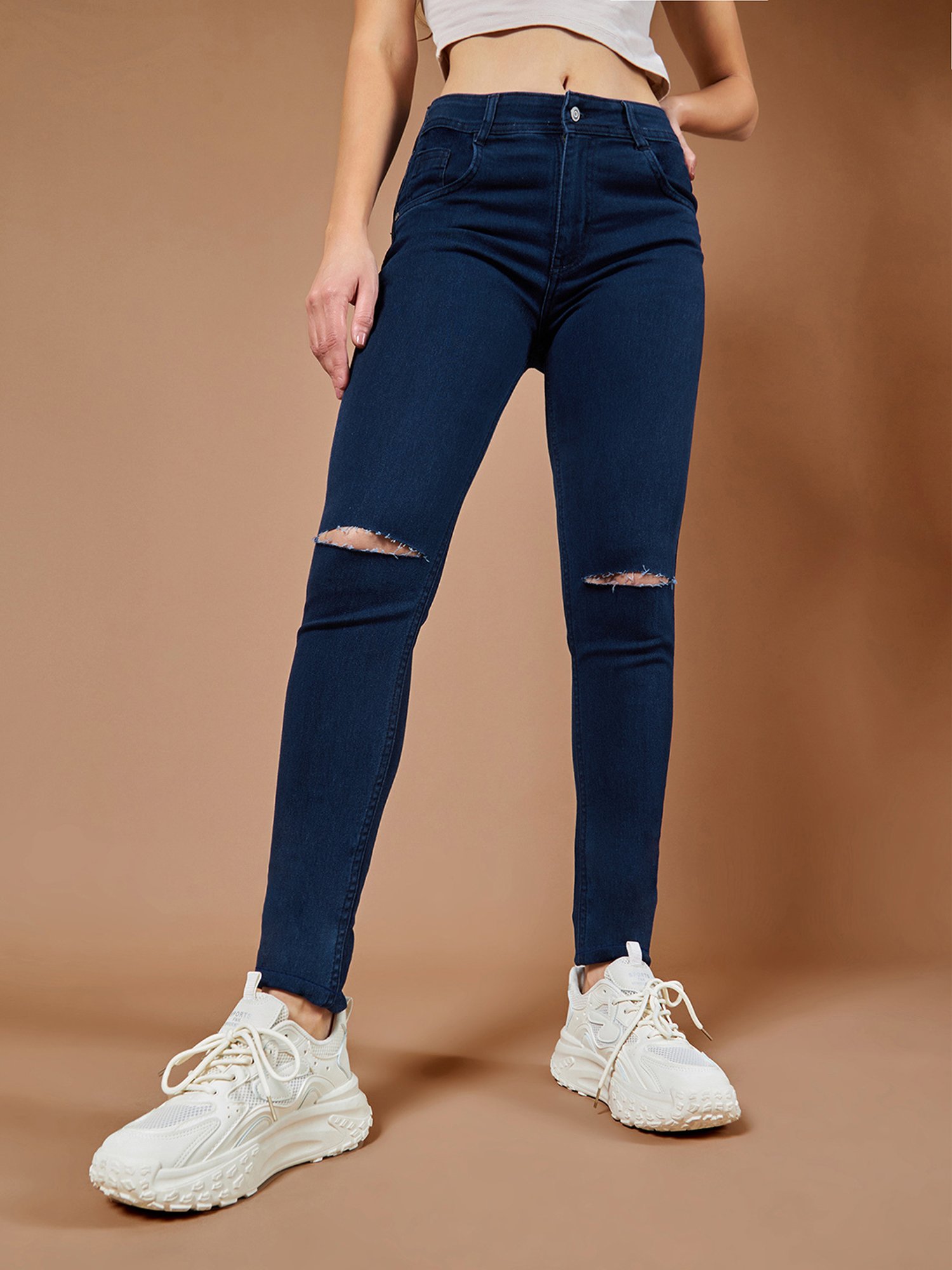 DOLCE CRUDO Dark Blue Distressed High Rise Stretchable Jeans