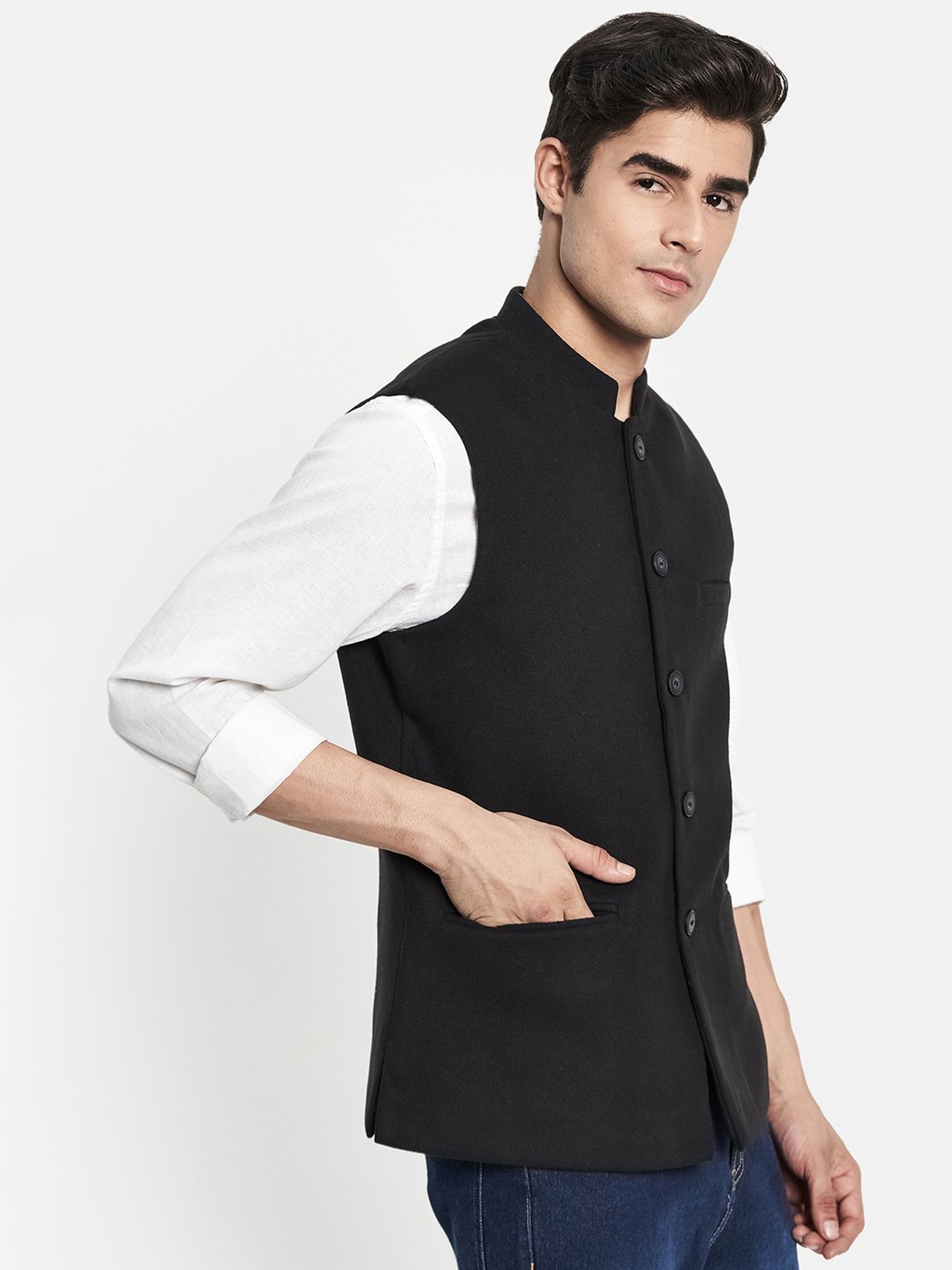 METTLE Black Mandarin Collar Nehru Jacket