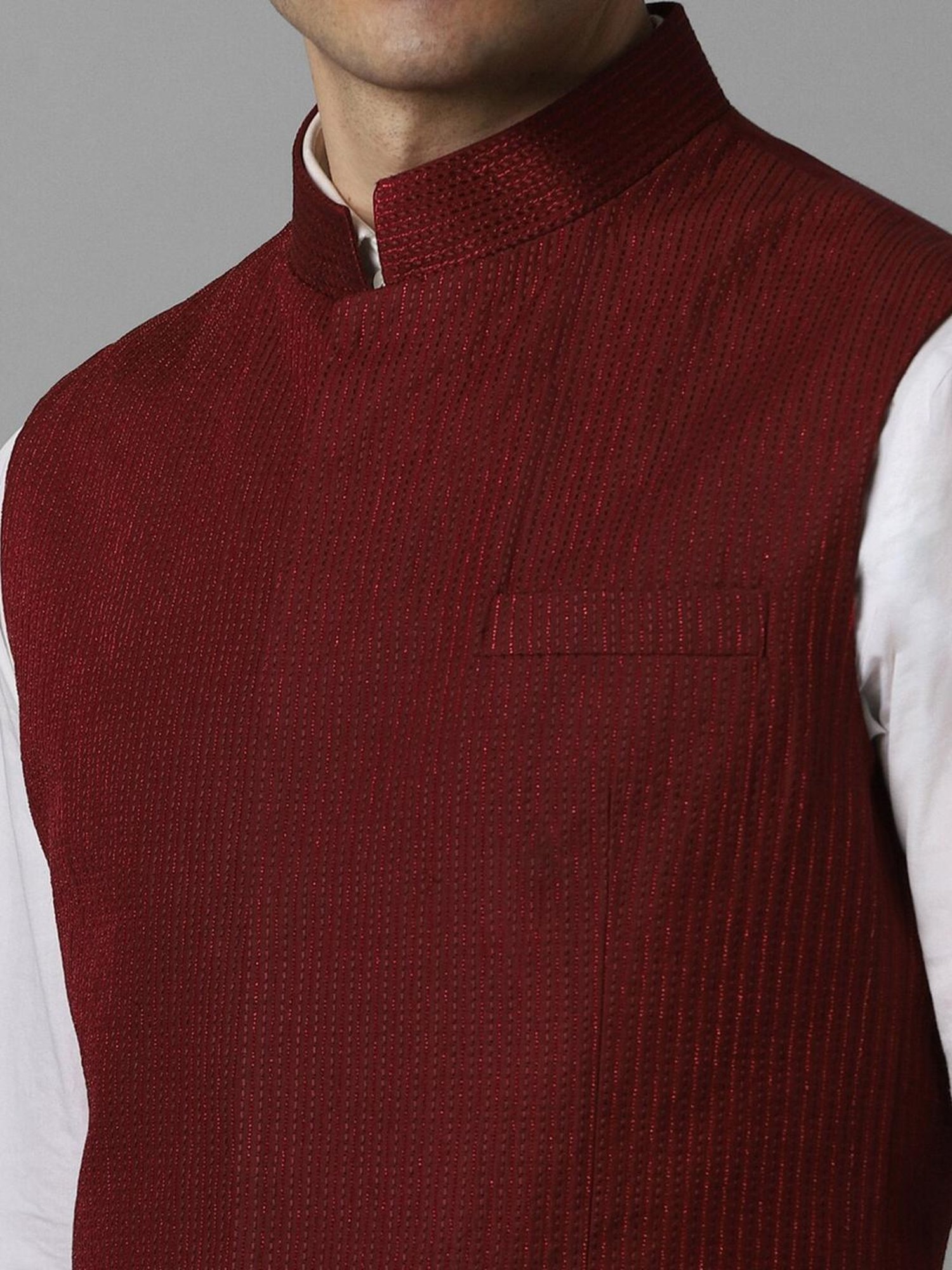 Louis Philippe Maroon Slim Fit Self Pattern Nehru Jacket