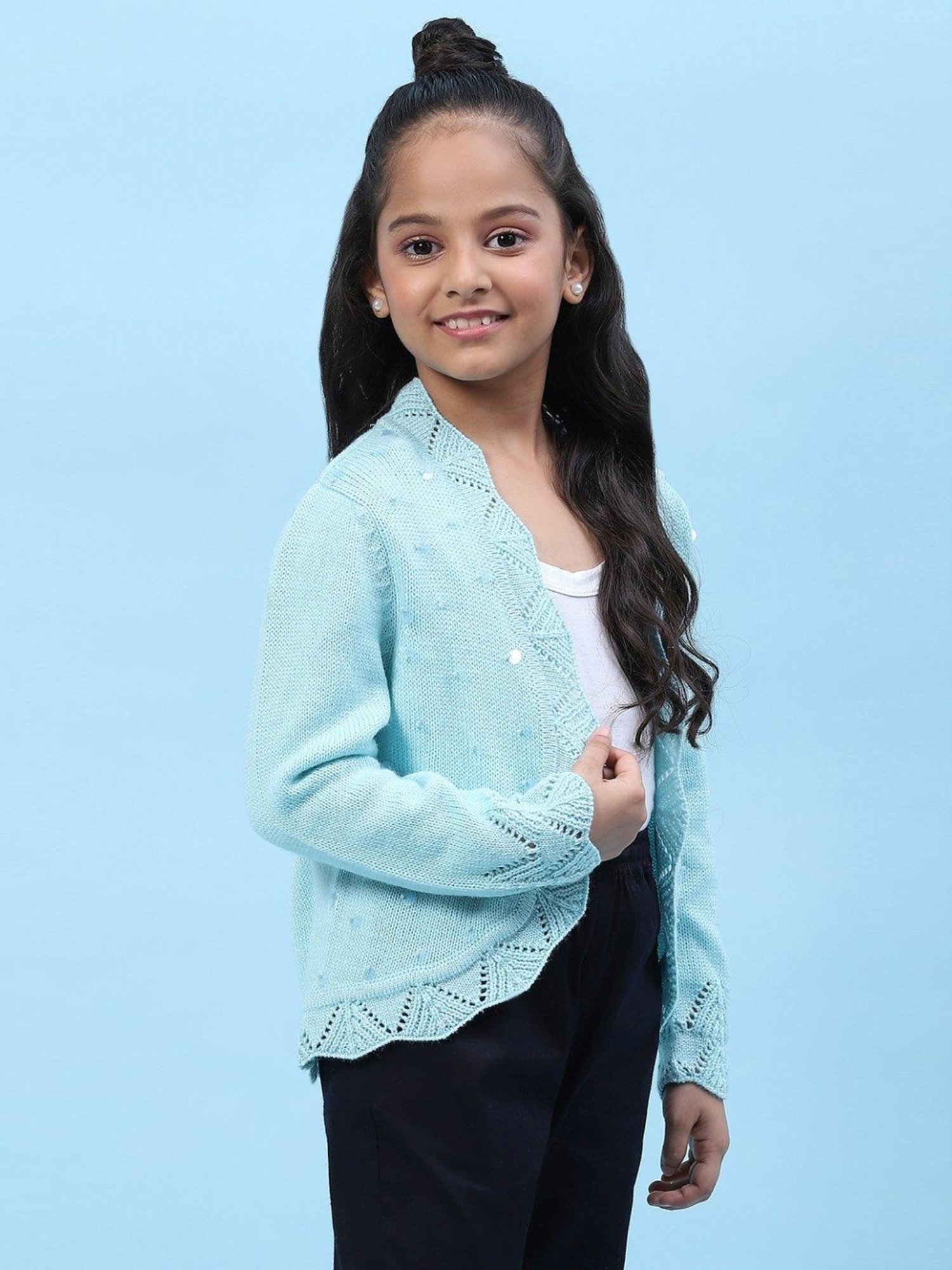 Biba Kids Powder Blue Embellished Full Sleeves Shrug
