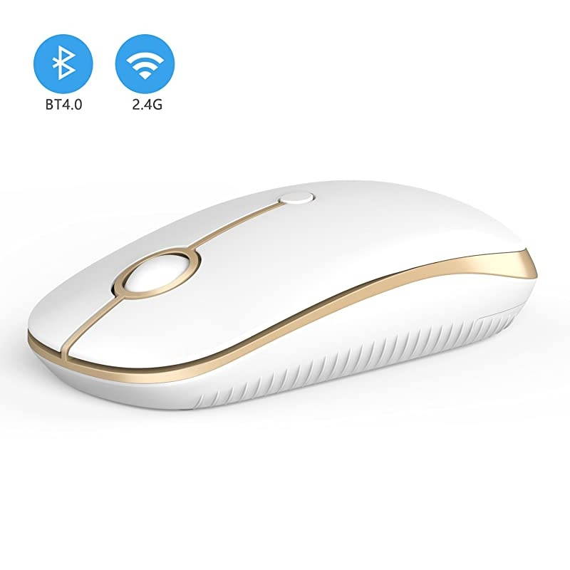 2.4GHz Wireless Bluetooth Mouse,  Dual Mode Slim Wireless Mouse with 2400 DPI Compatible for PC, Laptop, Mac, Android, Windows (White and Gold)
