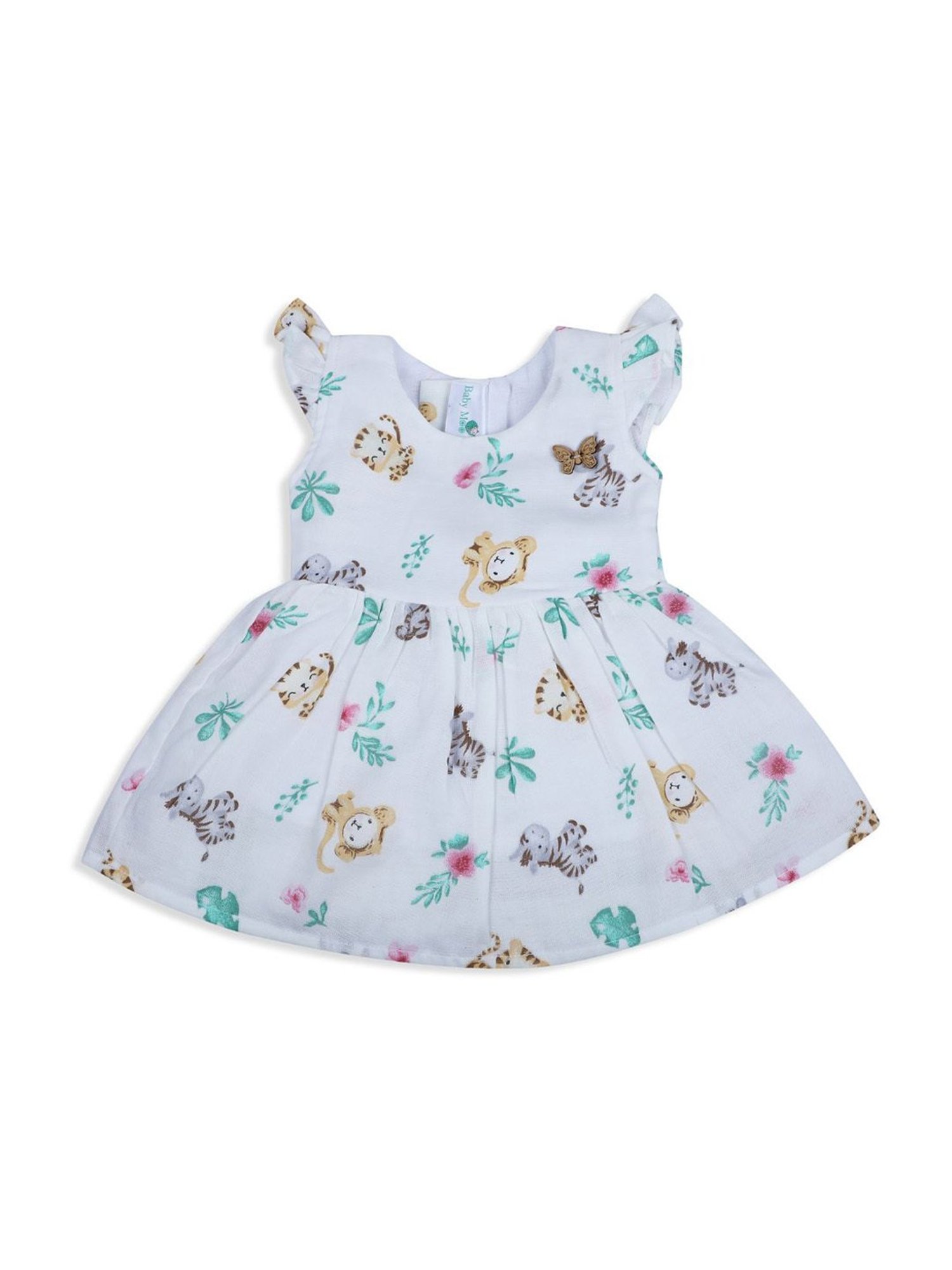 Baby Moo Kids White & Green Printed Dress