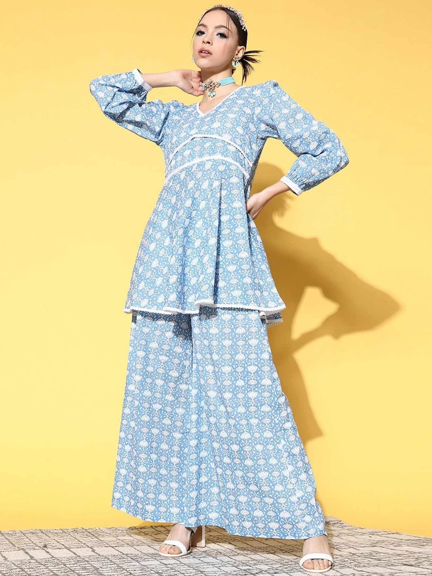 Prakrti Blue Cotton Printed Kurti Sharara Set