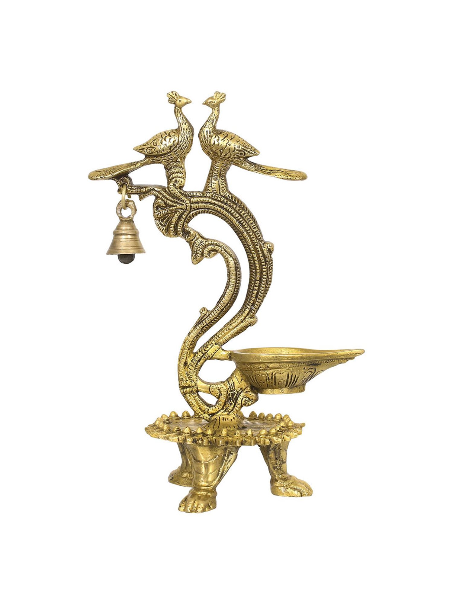 eCraftIndia Antique Finish Decorative Handcrafted Brass Peocock Couple Diya with Bell and Stand