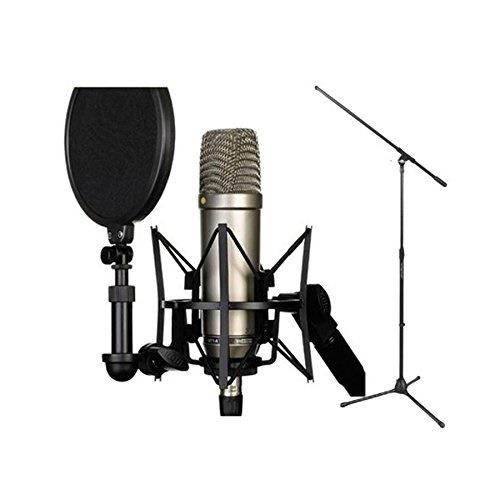 rode nt1a cardioid condenser microphone recording package with a tripod base microphone floor stand  black