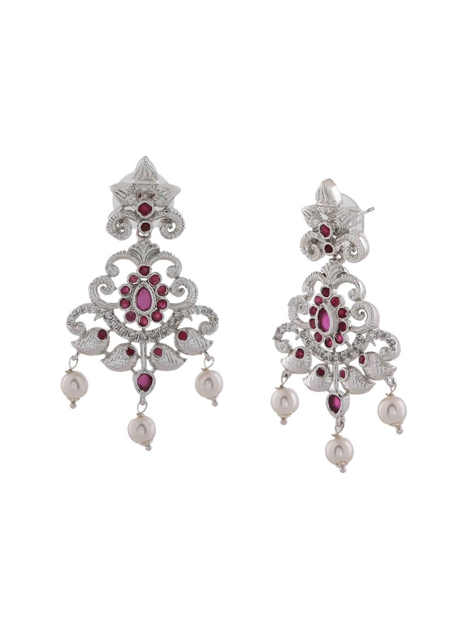 Estele Rhodium-Plated CZ Swirling Symphony Pearl & Crystals Dangler Earrings