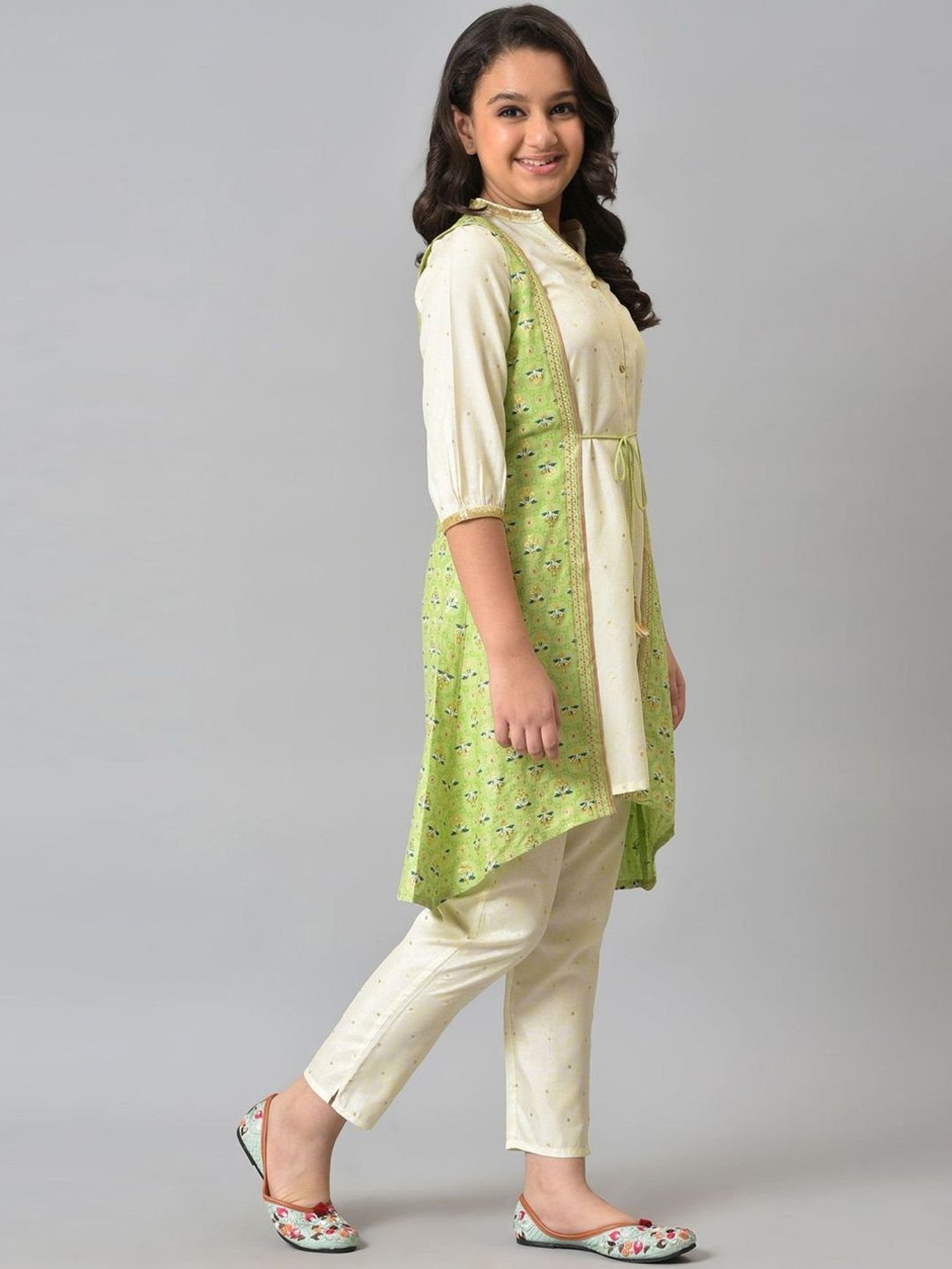 Aurelia Kids Green & Cream Printed Kurta Set