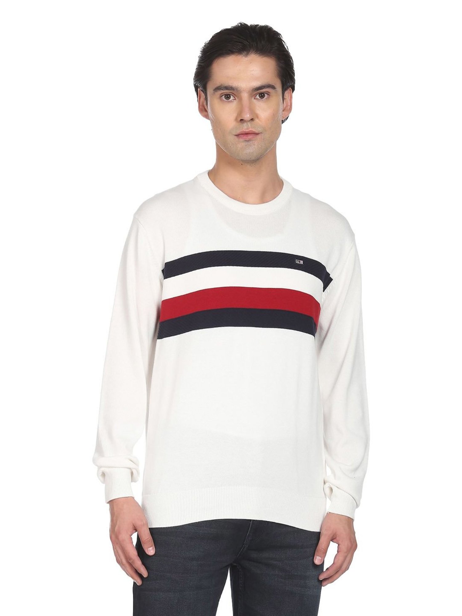 Arrow Sport White Cotton Regular Fit Striped Sweater