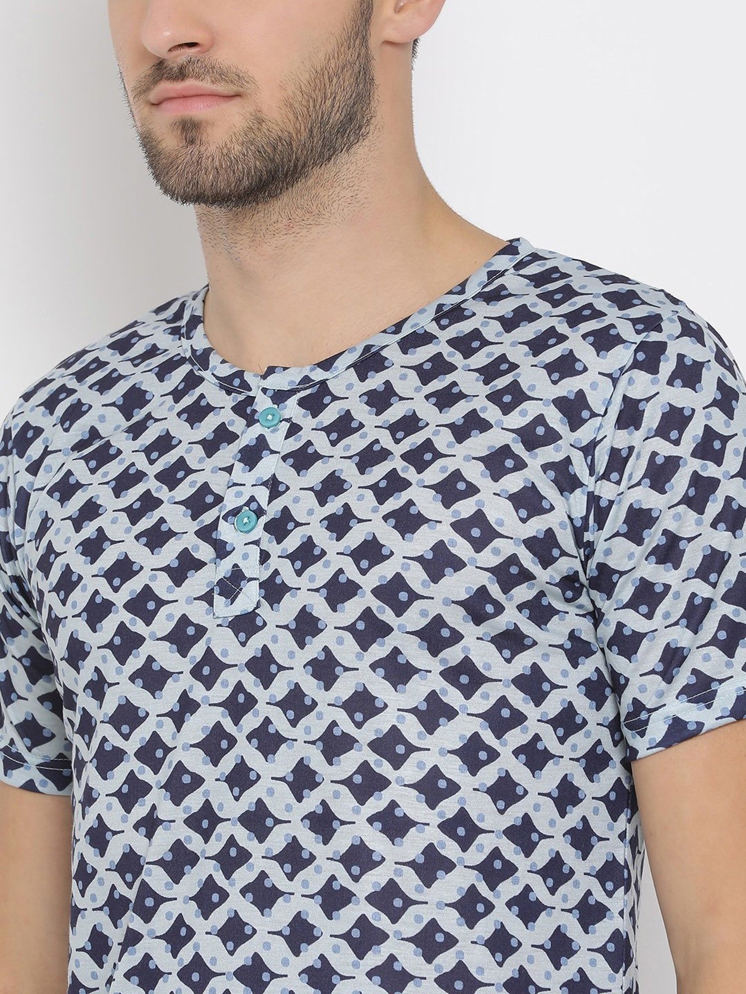 Hangup Plus Navy & Grey Regular Fit Printed Henley T-Shirt