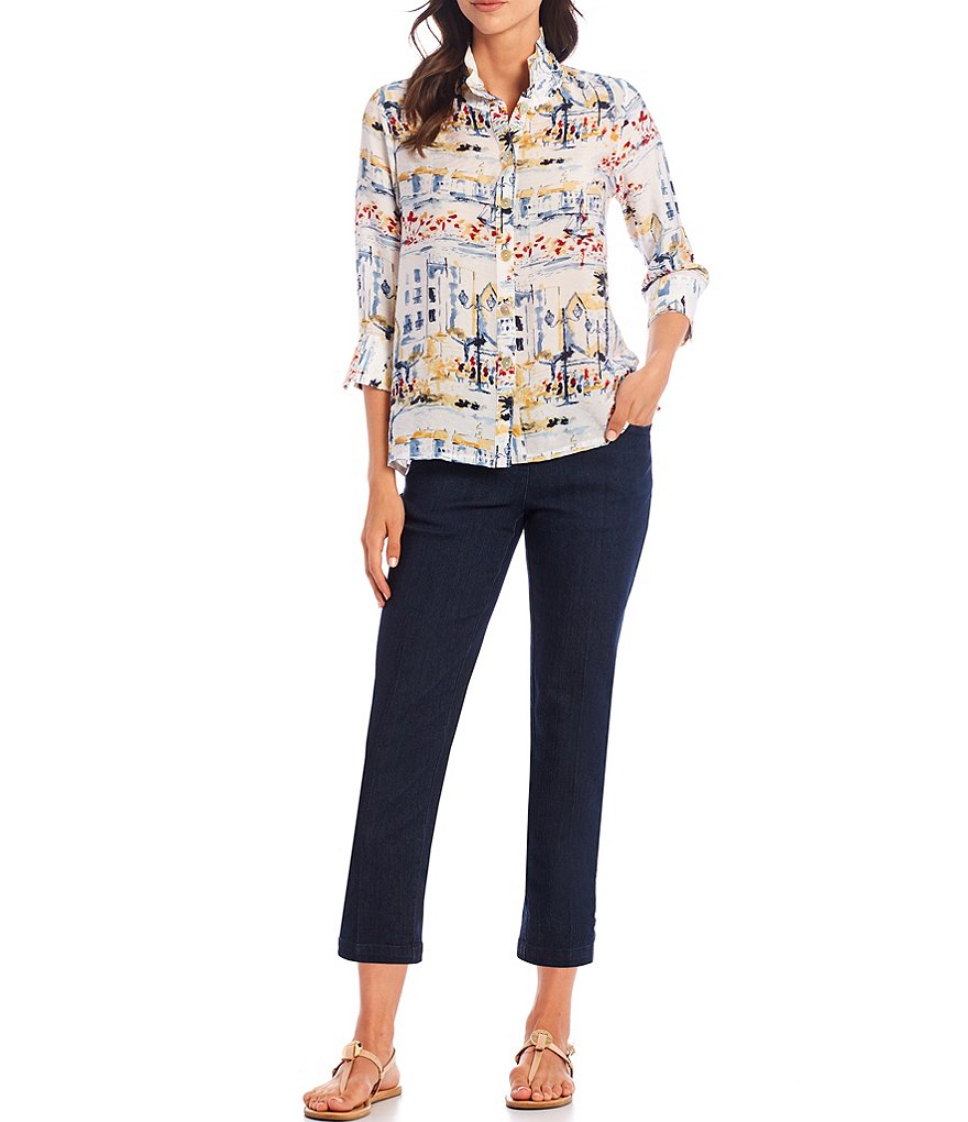 Multiples Petite Size Scenic Print Crinkle Woven Long Sleeve Button Down Hi-Low Shirt
