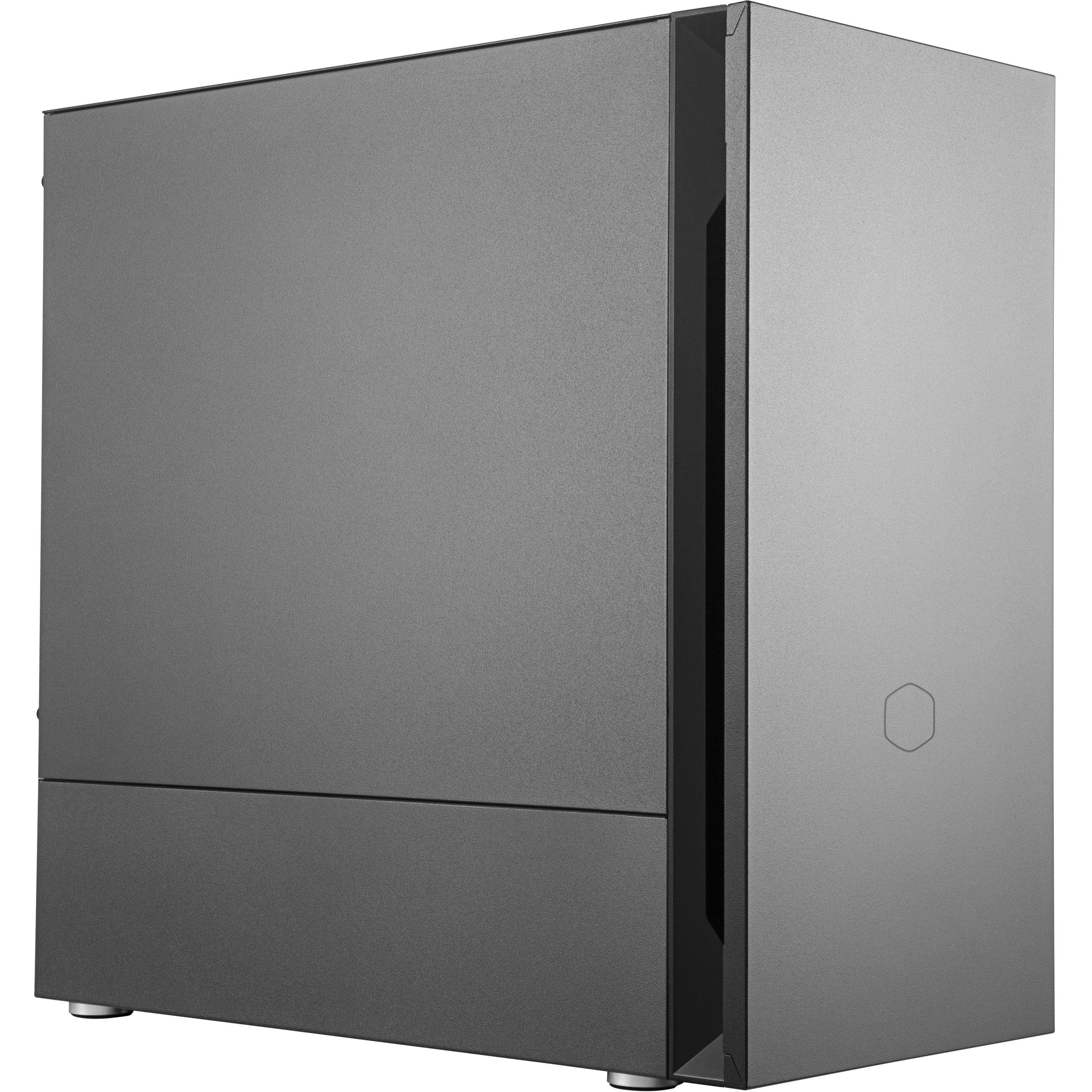 cooler master silencio s400 matx tower w/sounddampening material, sounddampened steel side panel, reversible front panel, sd card reader, and 2x 120mm pwm silencio fp fans
