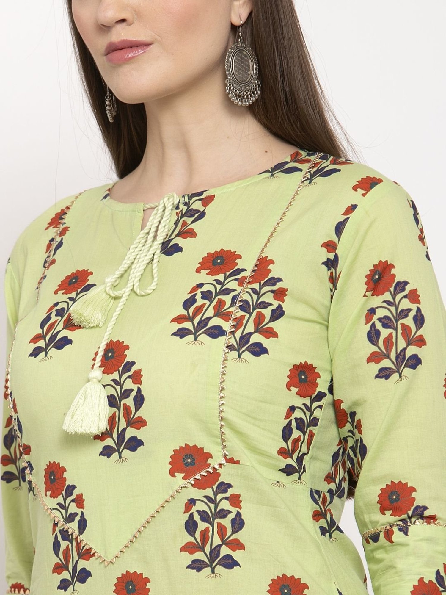 Indibelle Green Cotton Floral Print Straight Kurta
