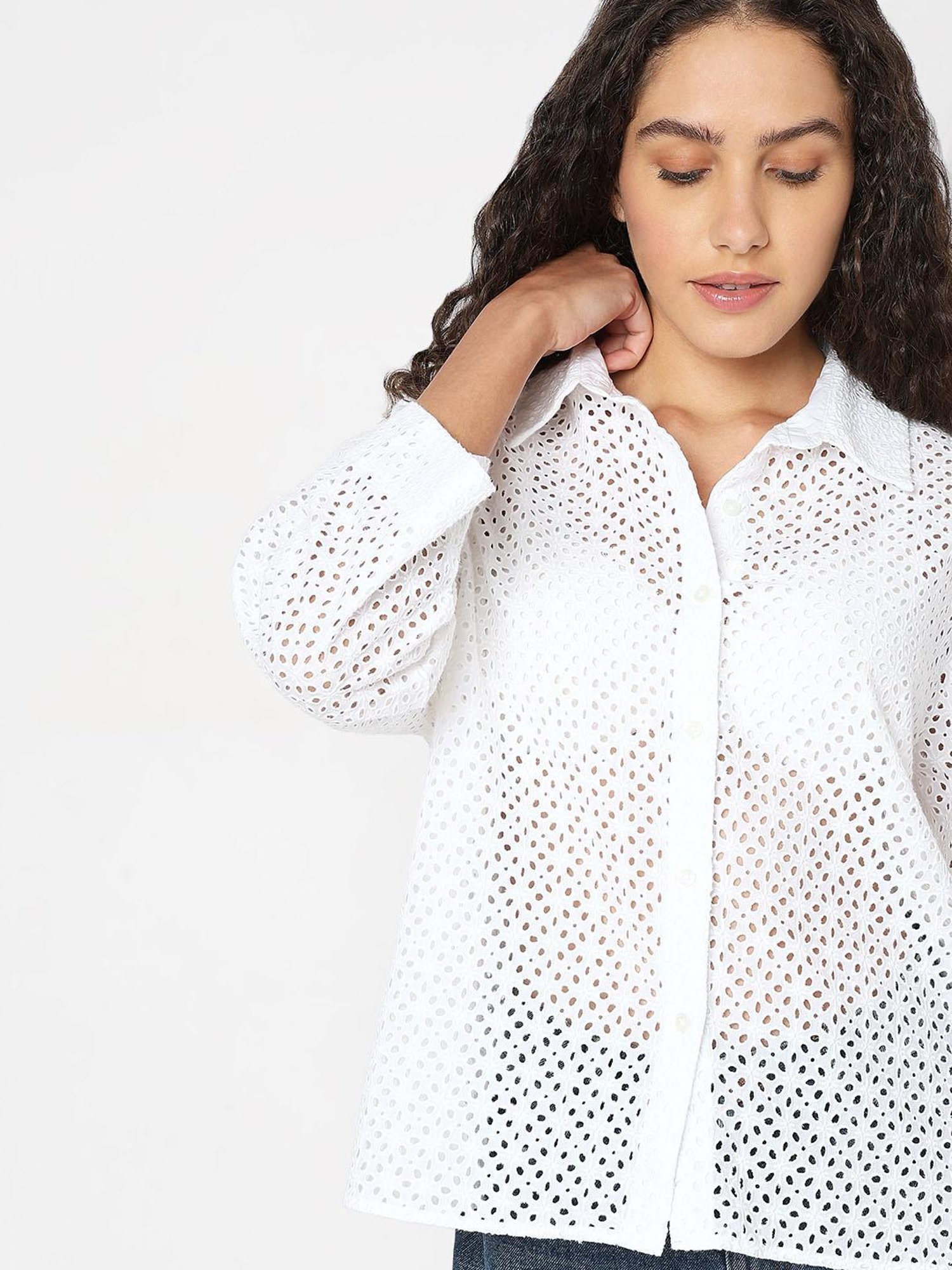 Vero Moda White Cotton Self Design Shirt