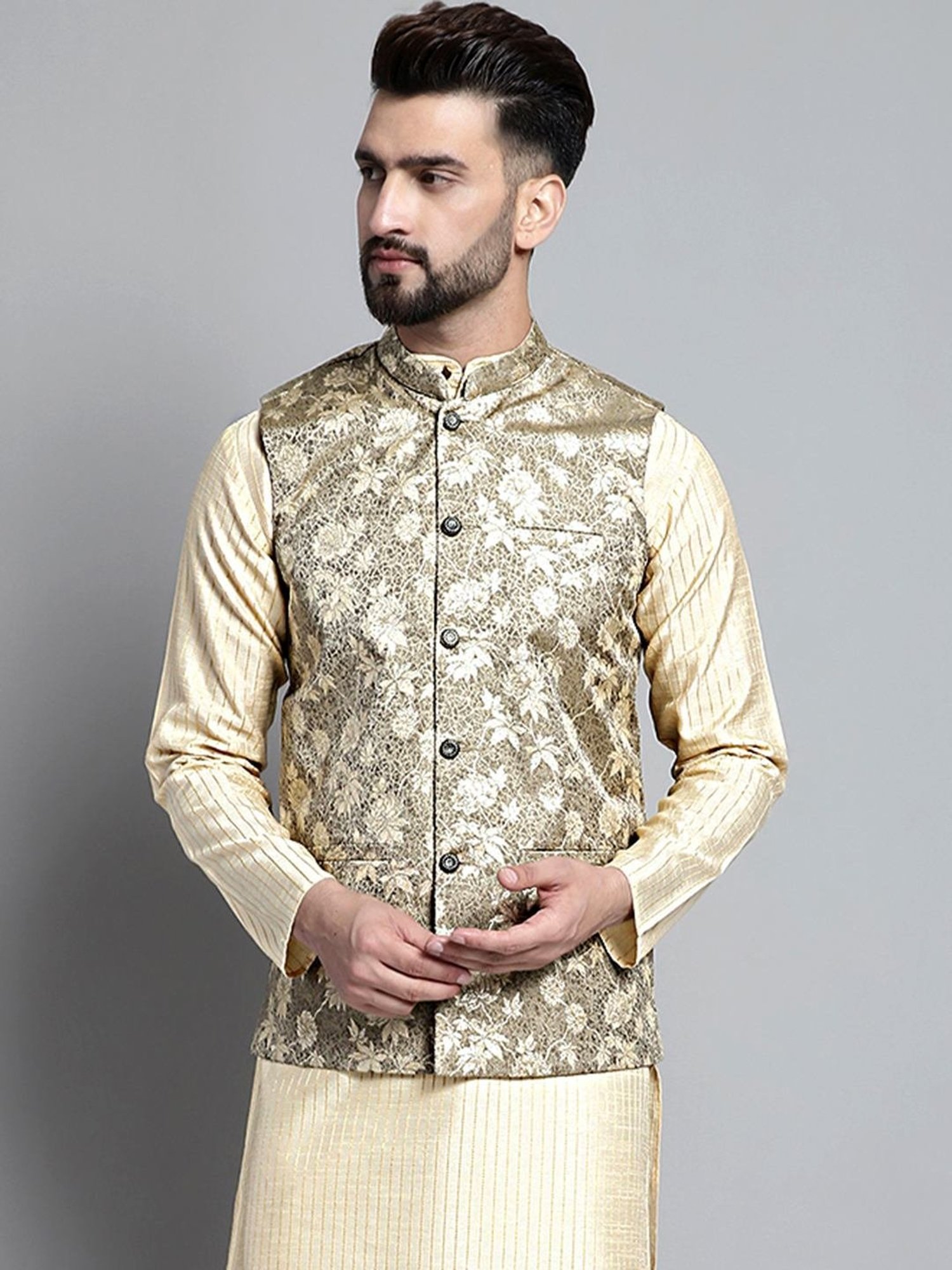 Jompers Beige Regular Fit Printed Nehru Jacket
