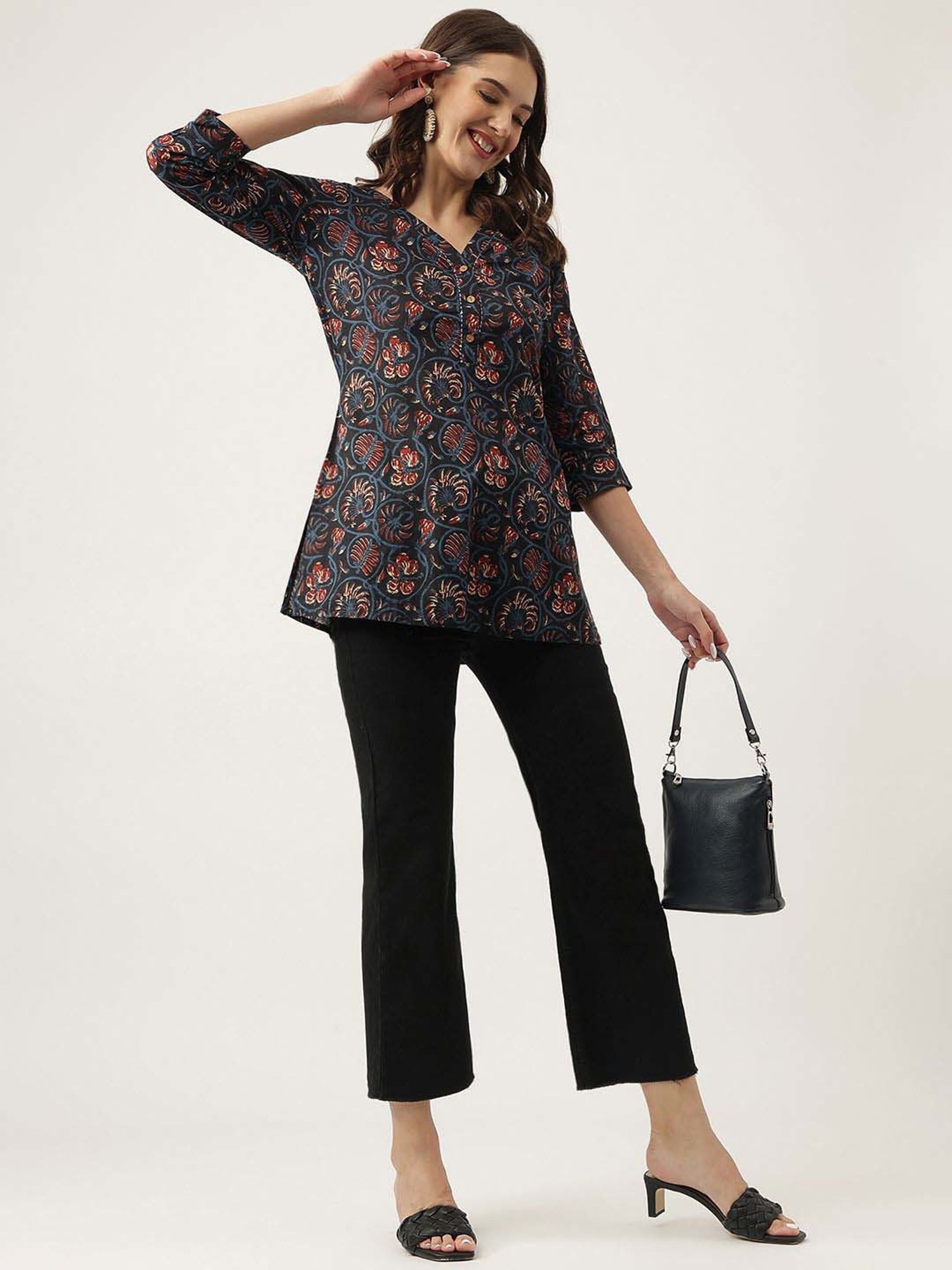 Divena Navy Cotton Floral Print Top