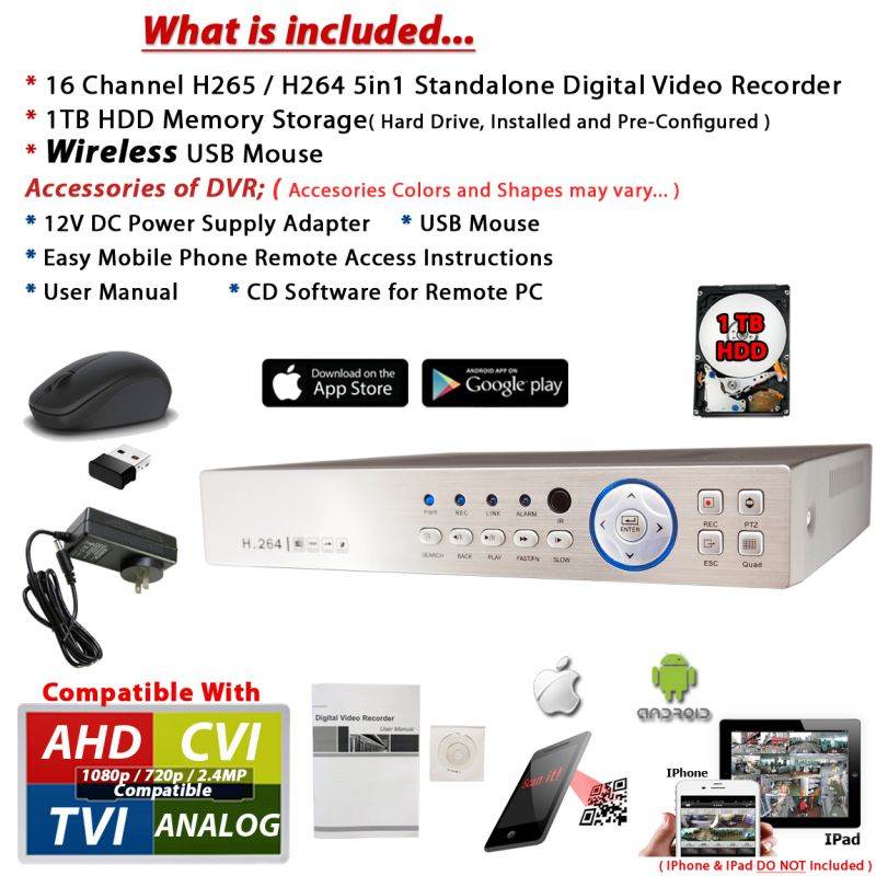 Evertech 16 Channel H.264 H.265 Security DVR with 1TB Hard Drive TVI AHD CVI Analog CCTV Surveillance Recorder with network remote viewing