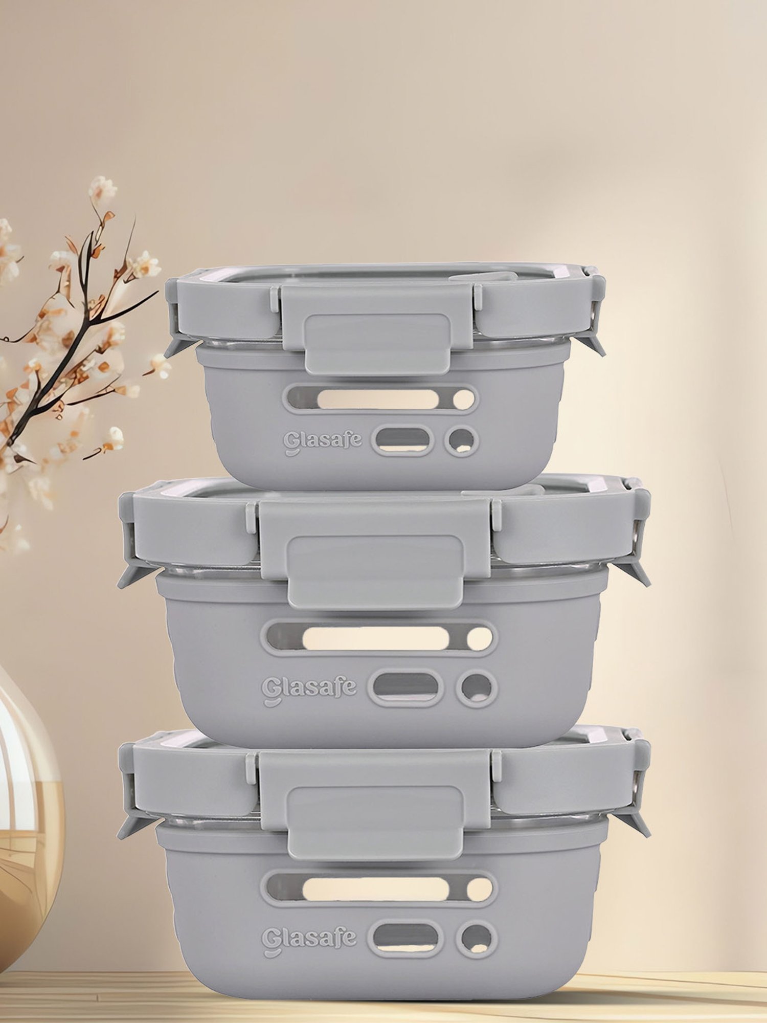 Glasafe Fresh Grip Slate Grey Borosilicate Tiffin - Set of 3